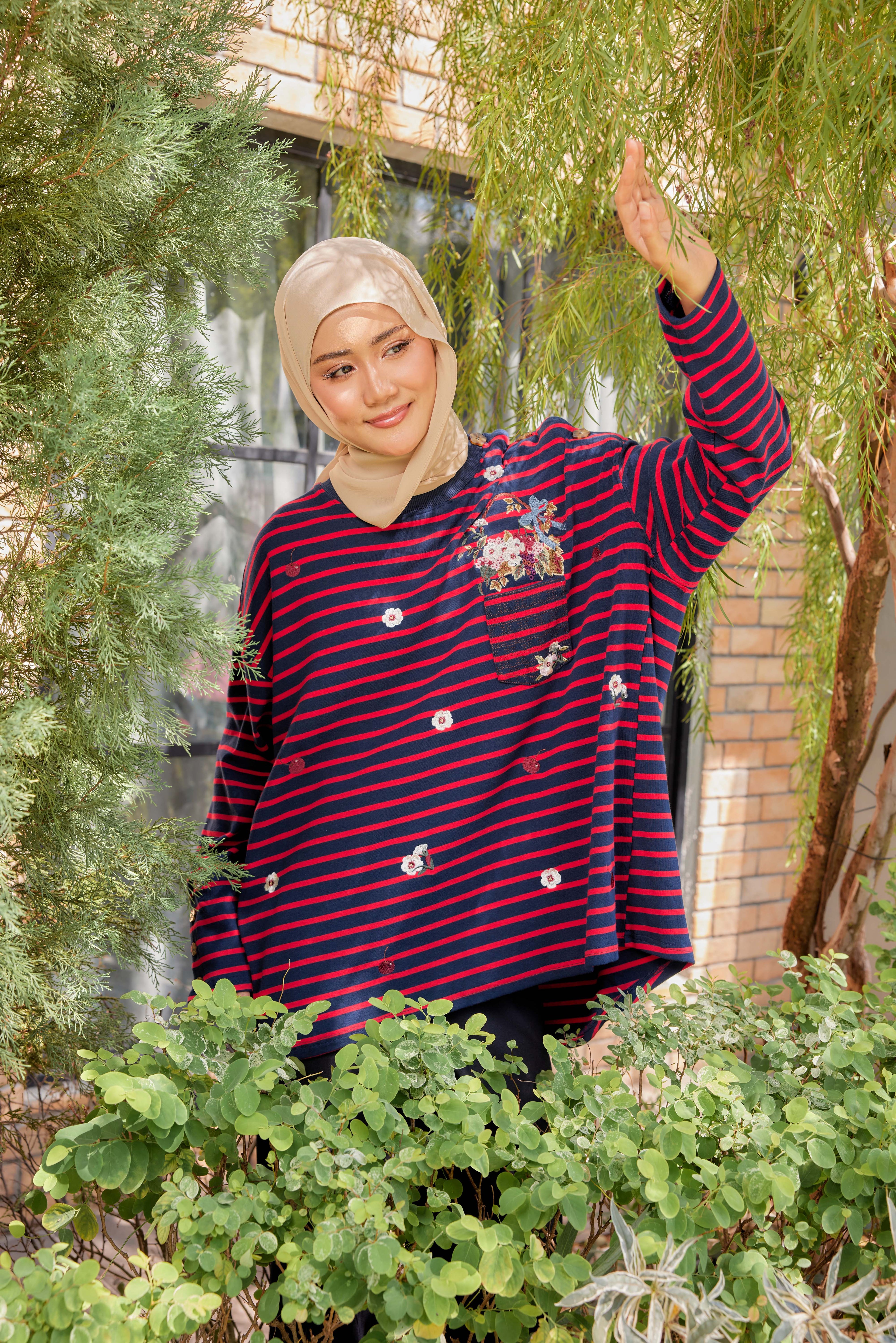 [PREORDER] Fleuriste Embroidered Cotton Tee with Signature Buttons — Midnight Cherry Stripes