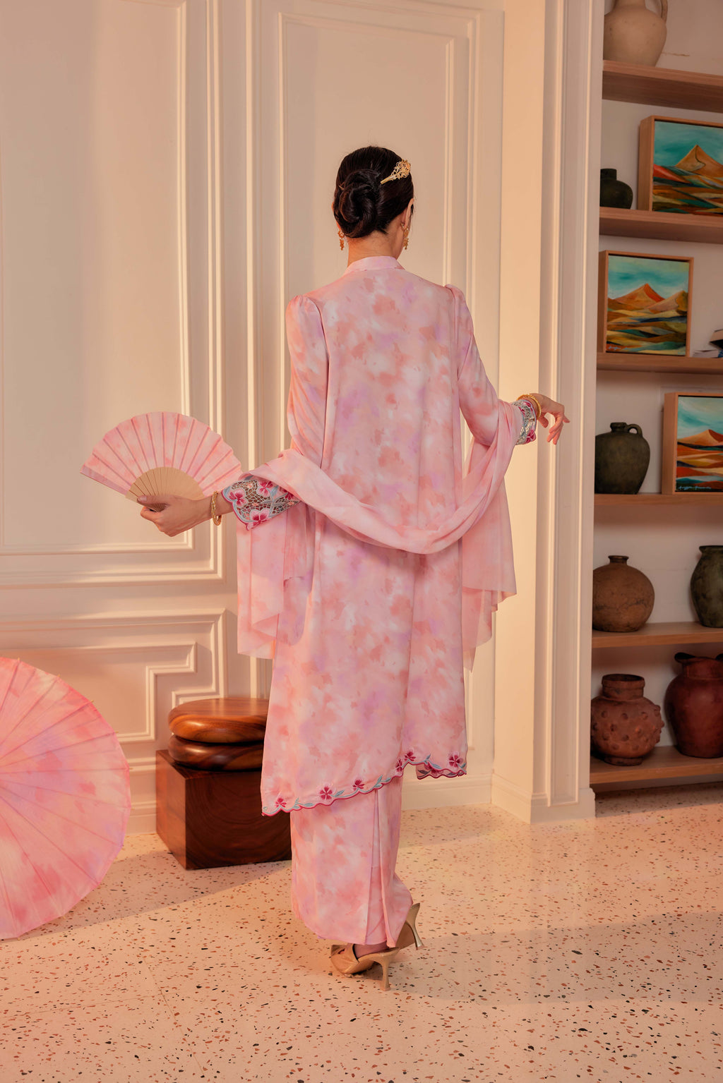 22 - Anggrek Bulan - Kebarung Sulam Goyang Set With Matching Fan & Selendang