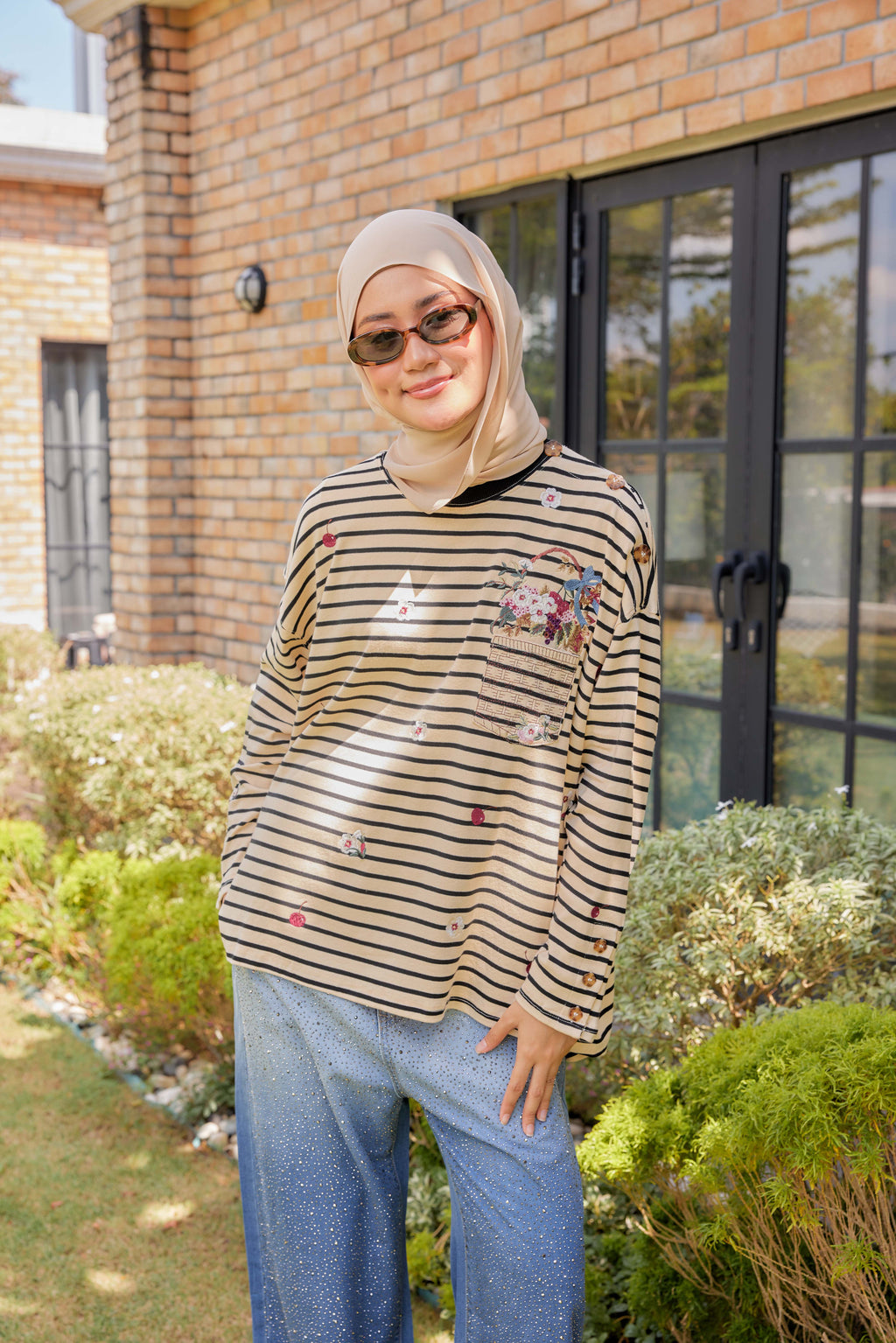 [PREORDER] Fleuriste Embroidered Cotton Tee with Signature Buttons — Ivory Black Stripes