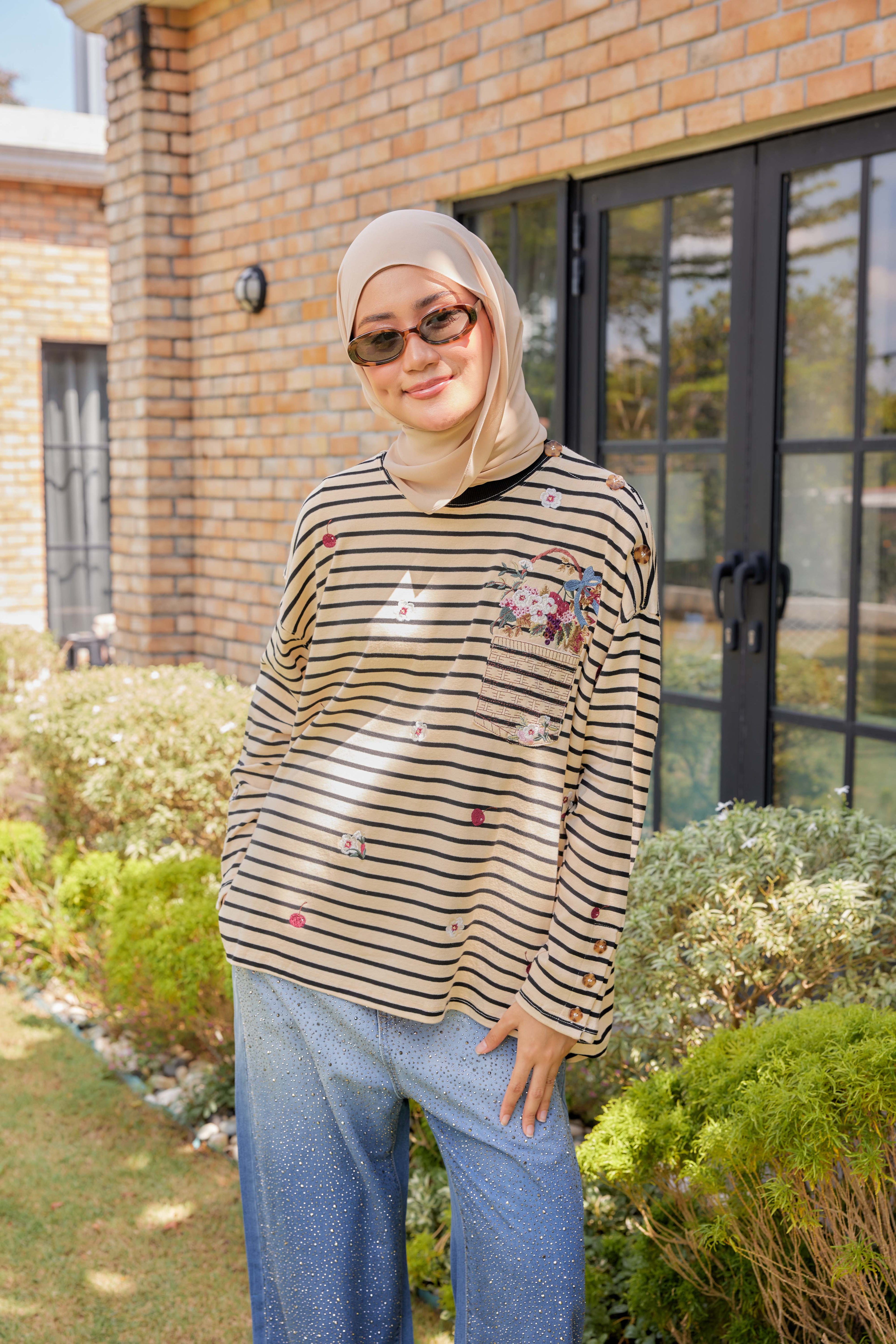 [PREORDER] Fleuriste Embroidered Cotton Tee with Signature Buttons — Ivory Black Stripes