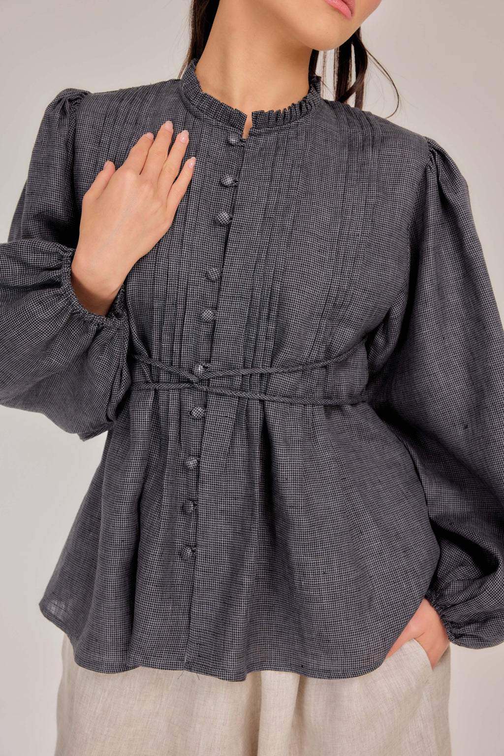 03 - The Daydream Tie-Waist in Tahitian Pearl Micro-Check Weave Pure Linen Top
