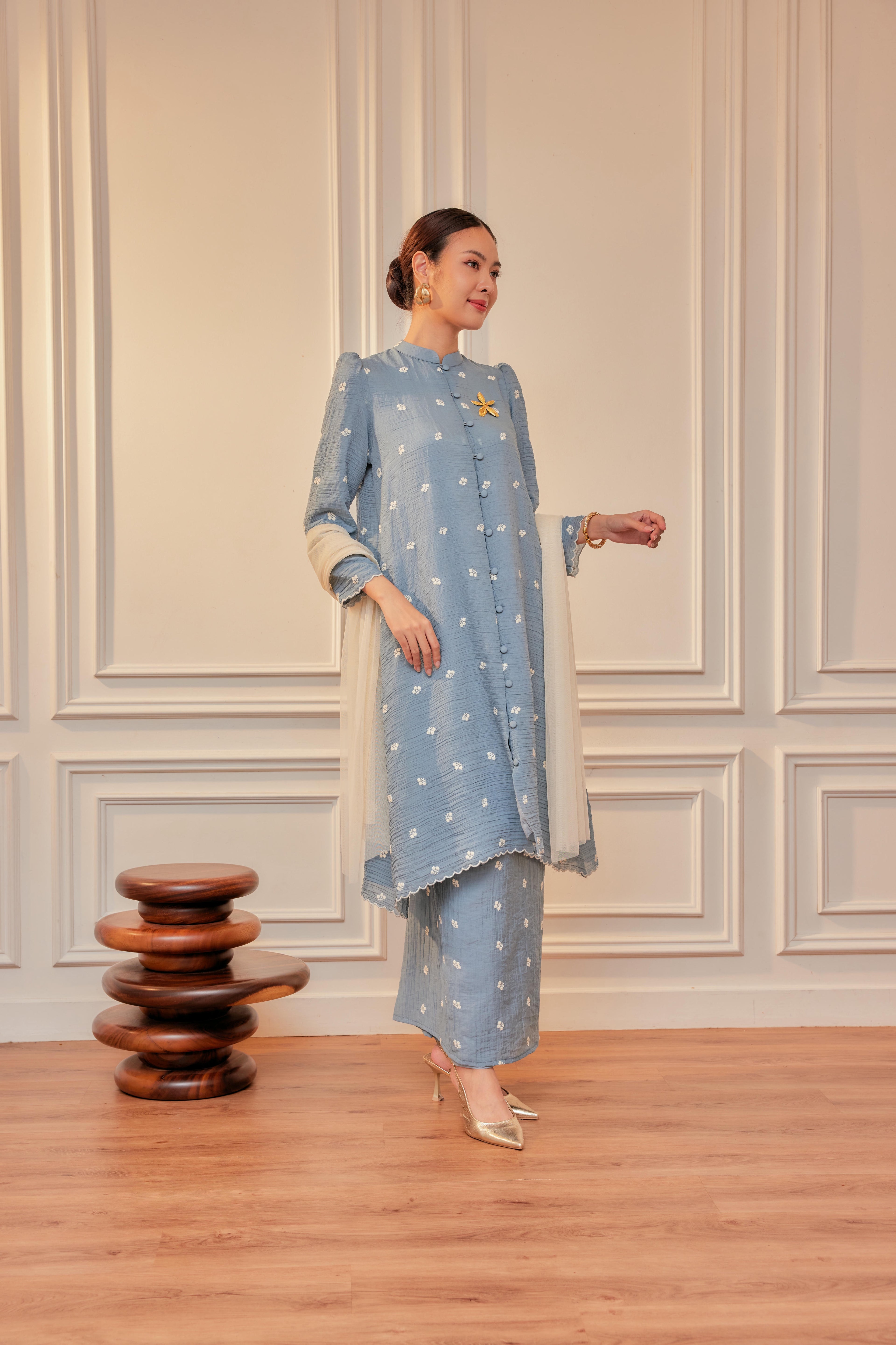 Dewita Floral Embroidered Kebarung with Front Buttons Set (Full Lining)