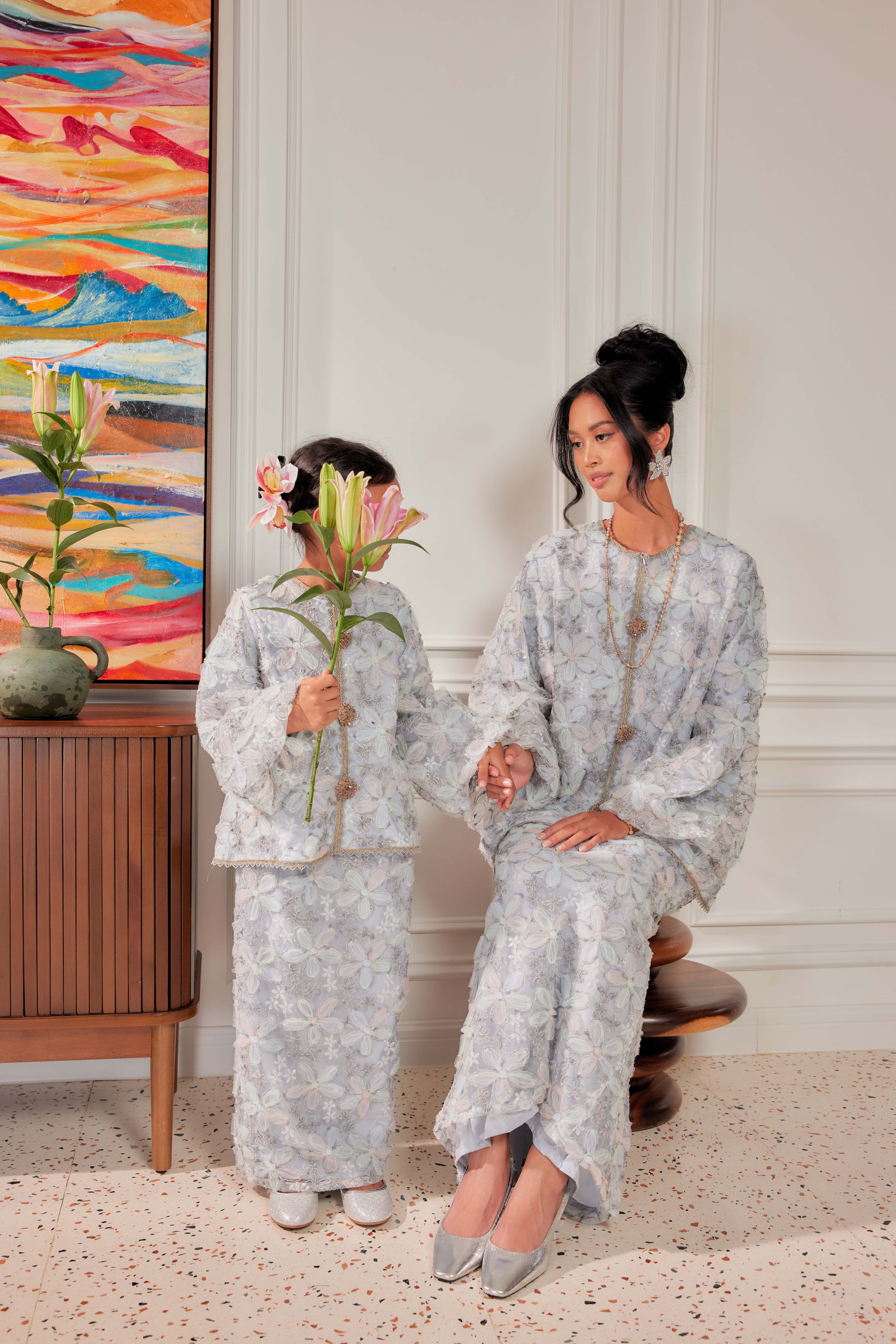 Ash Blue - KIDS Raia Embellished Lace Kurung (Full Lining)