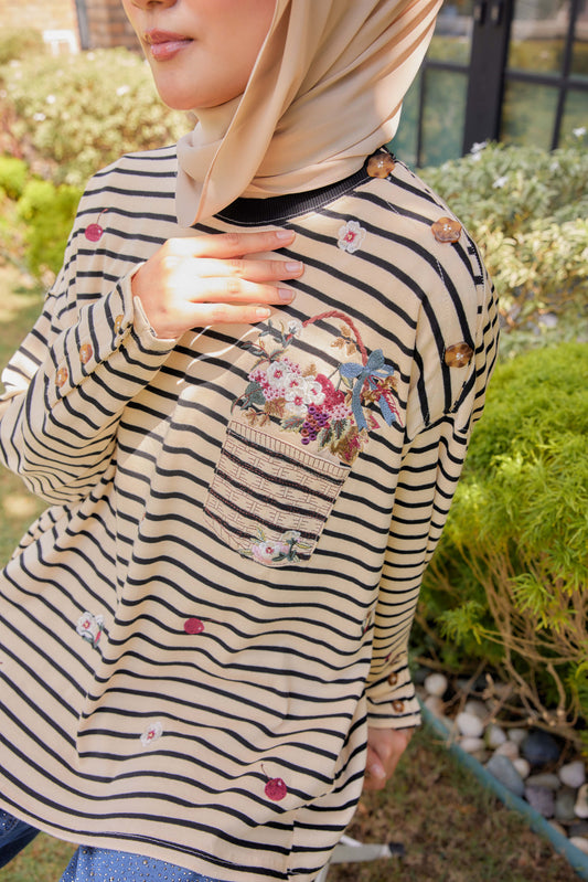 [PREORDER] Fleuriste Embroidered Cotton Tee with Signature Buttons — Ivory Black Stripes