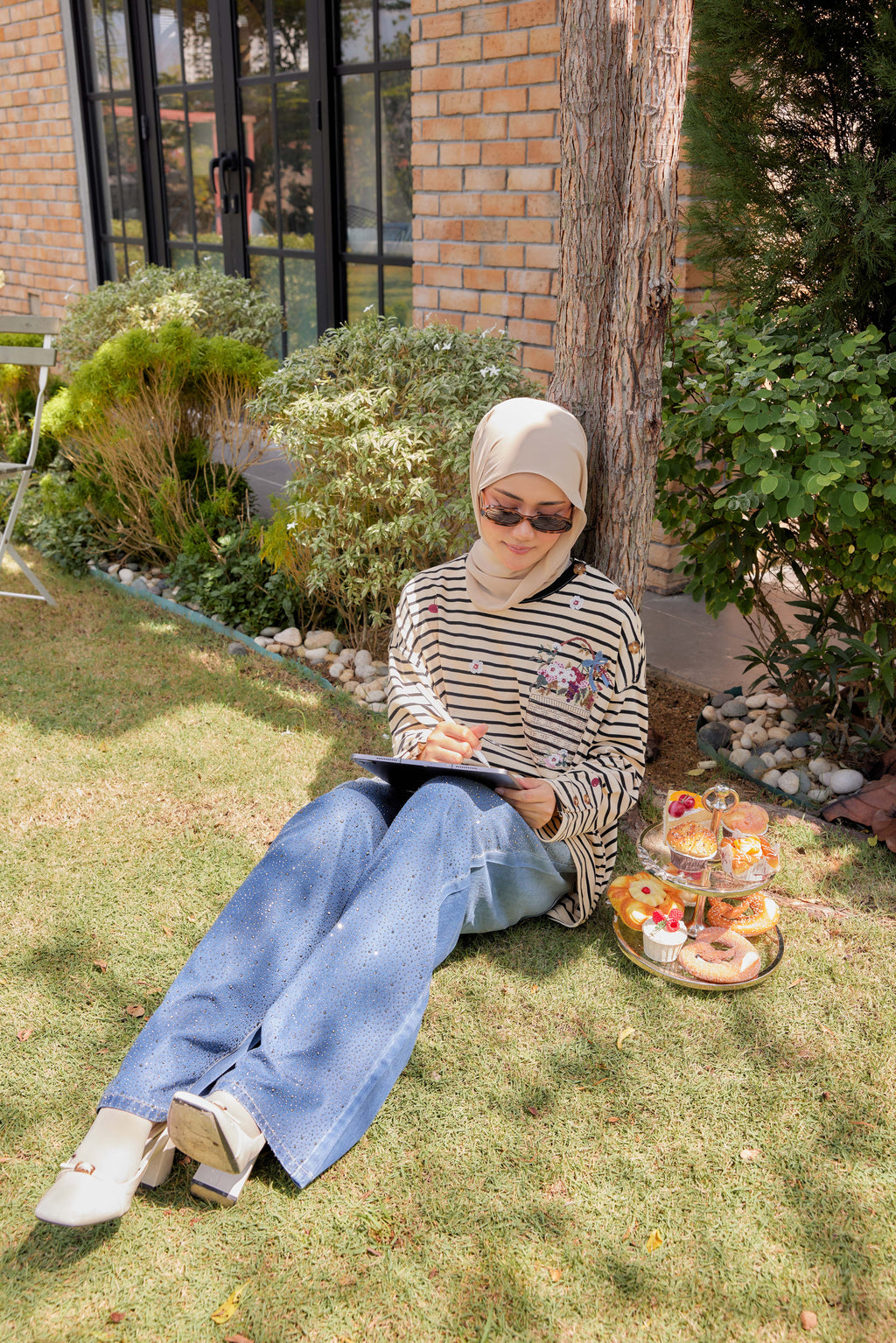 [PREORDER] Fleuriste Embroidered Cotton Tee with Signature Buttons — Ivory Black Stripes