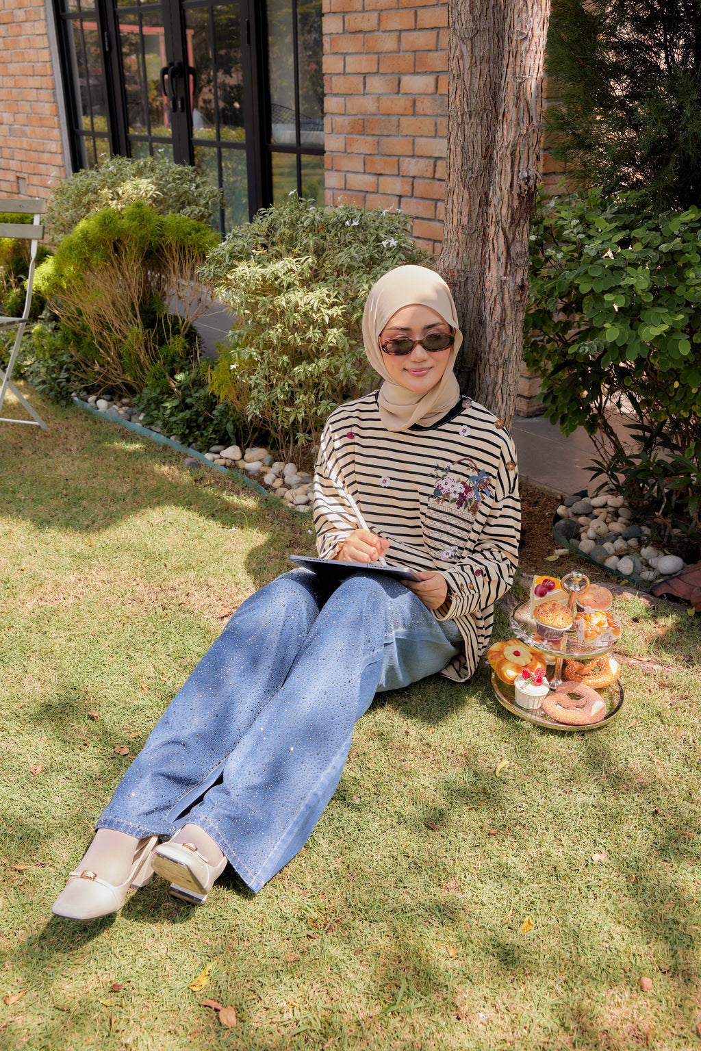 [PREORDER] Fleuriste Embroidered Cotton Tee with Signature Buttons — Ivory Black Stripes