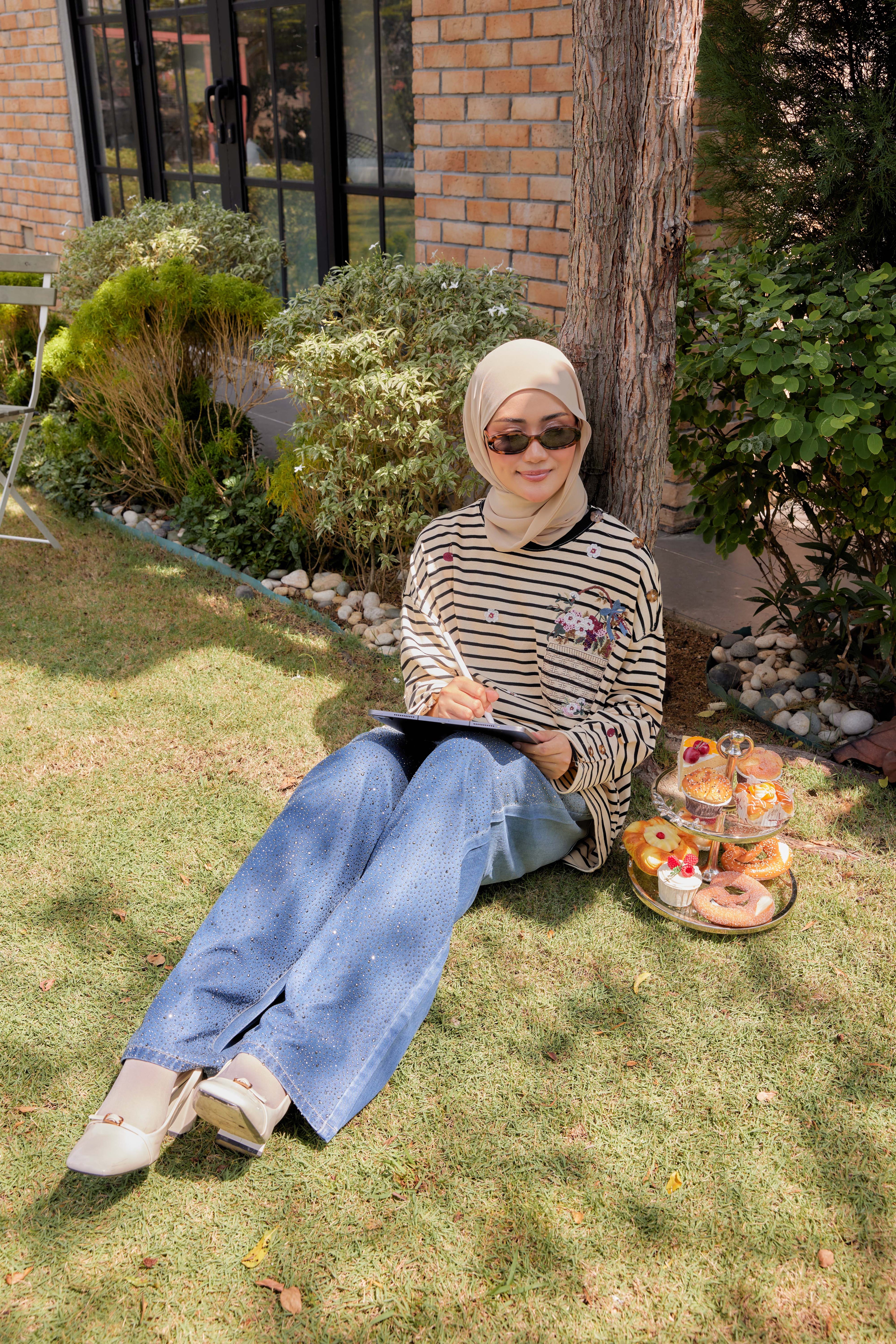 [PREORDER] Fleuriste Embroidered Cotton Tee with Signature Buttons — Ivory Black Stripes