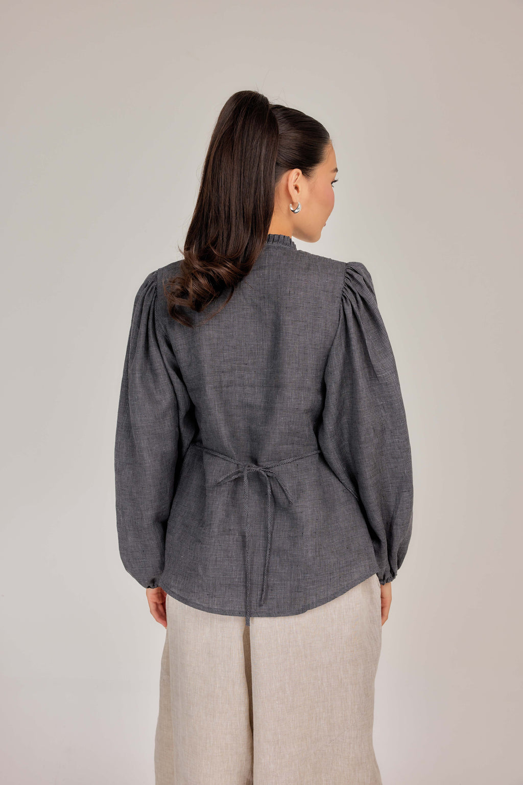 03 - The Daydream Tie-Waist in Tahitian Pearl Micro-Check Weave Pure Linen Top