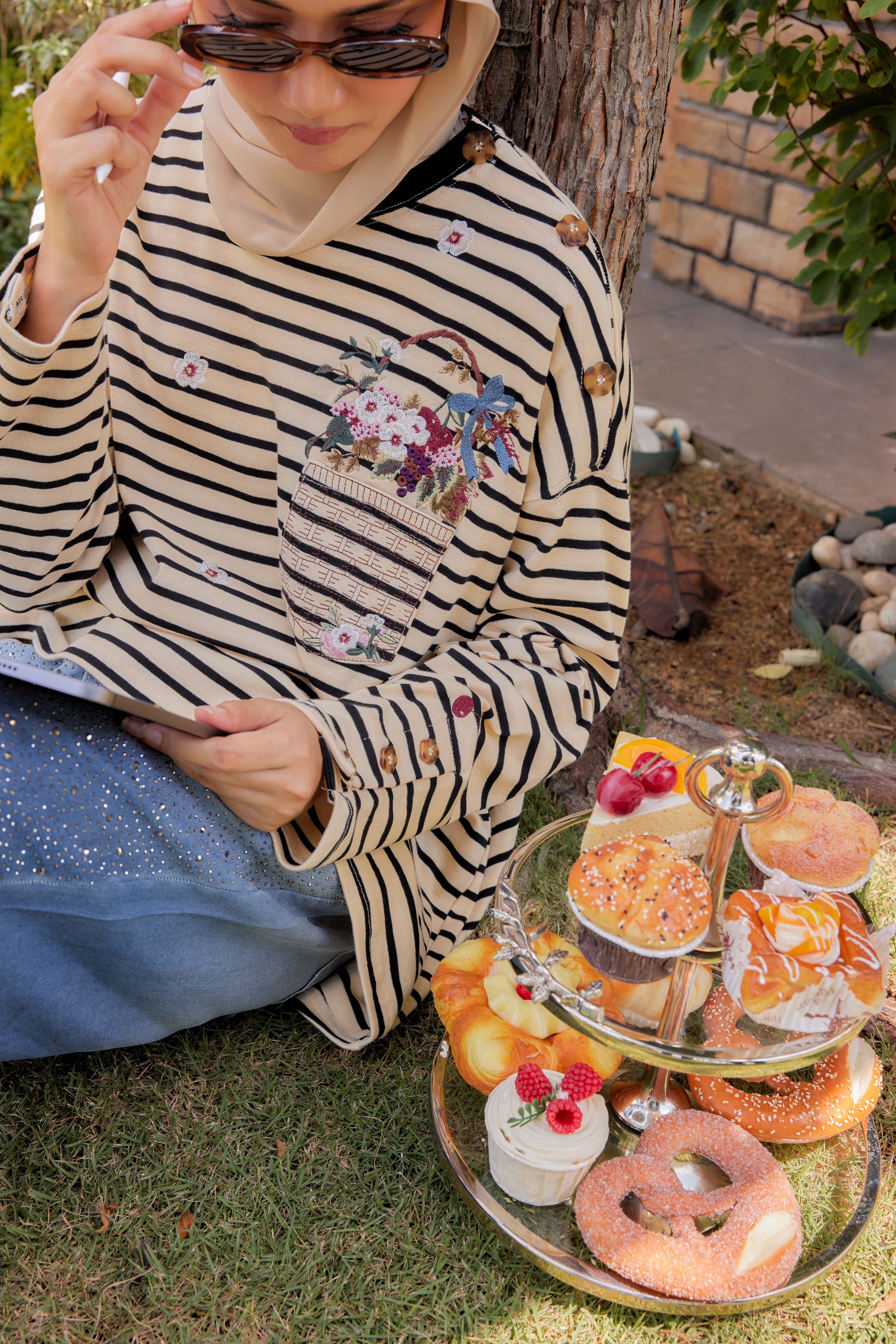 [PREORDER] Fleuriste Embroidered Cotton Tee with Signature Buttons — Ivory Black Stripes