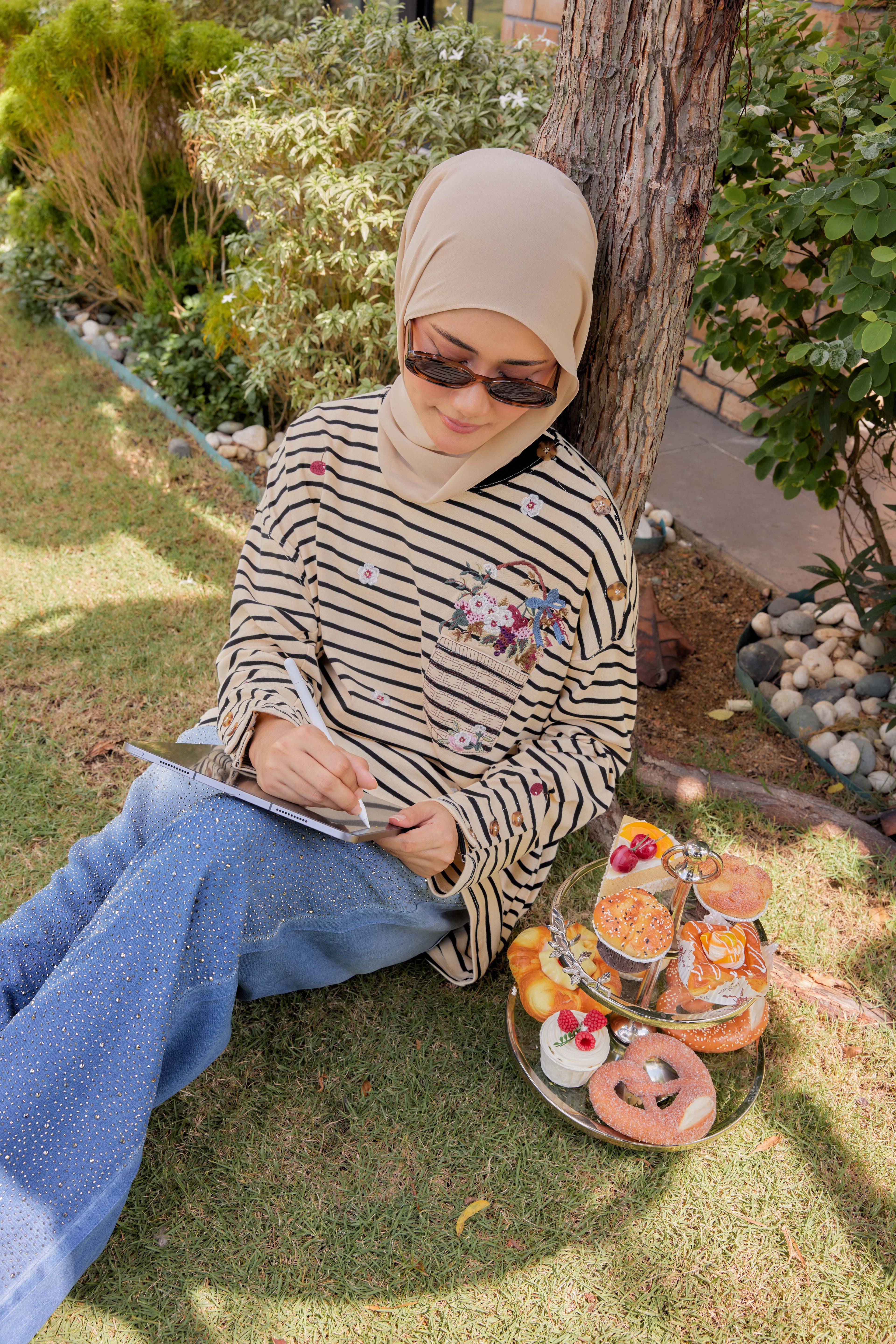 [PREORDER] Fleuriste Embroidered Cotton Tee with Signature Buttons — Ivory Black Stripes
