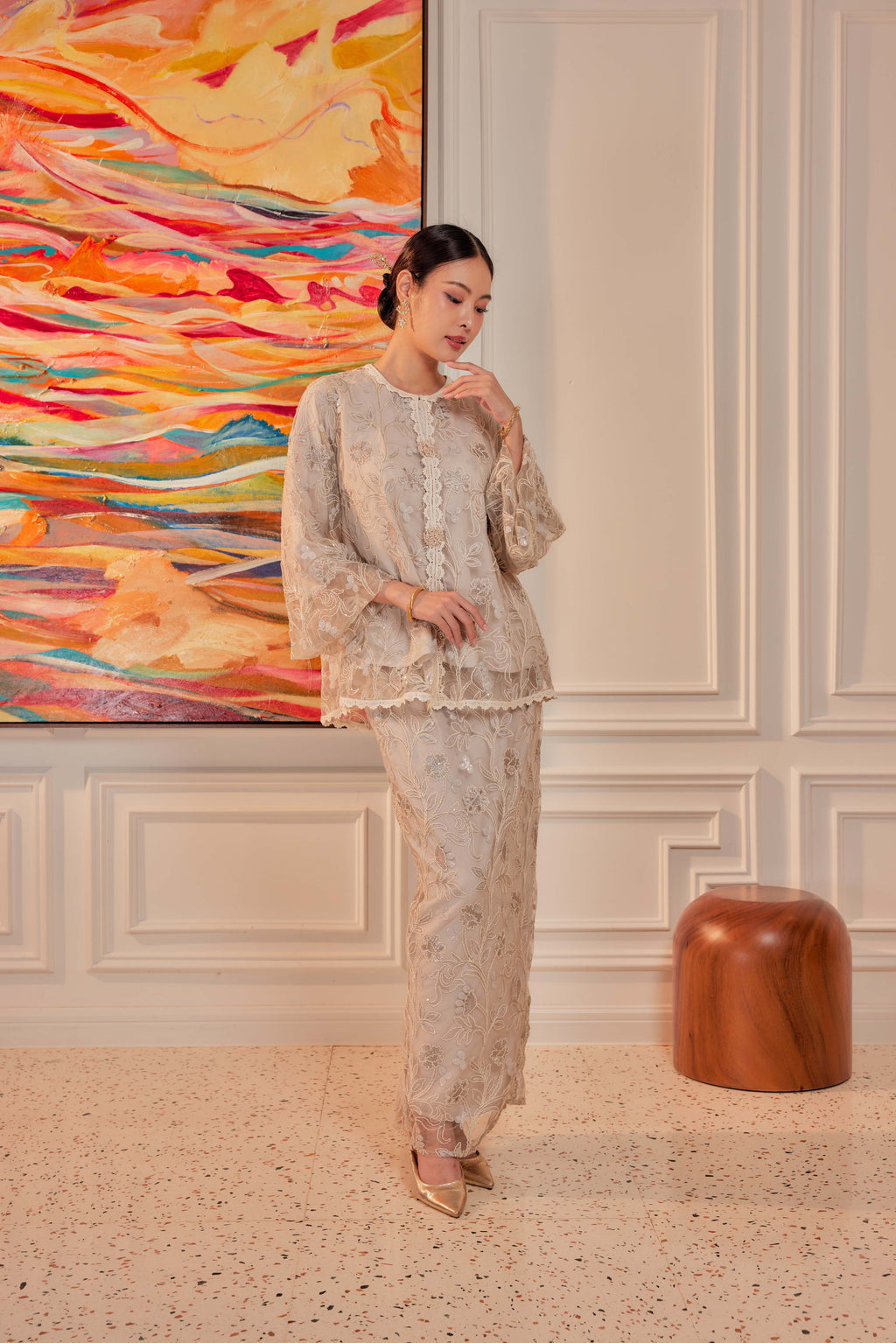Silver Greige - Raia Embellished Kurung Lace Set (Full Lining)