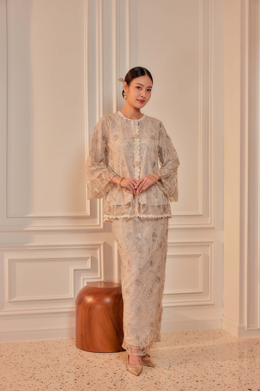 Silver Greige - Raia Embellished Kurung Lace Set (Full Lining)