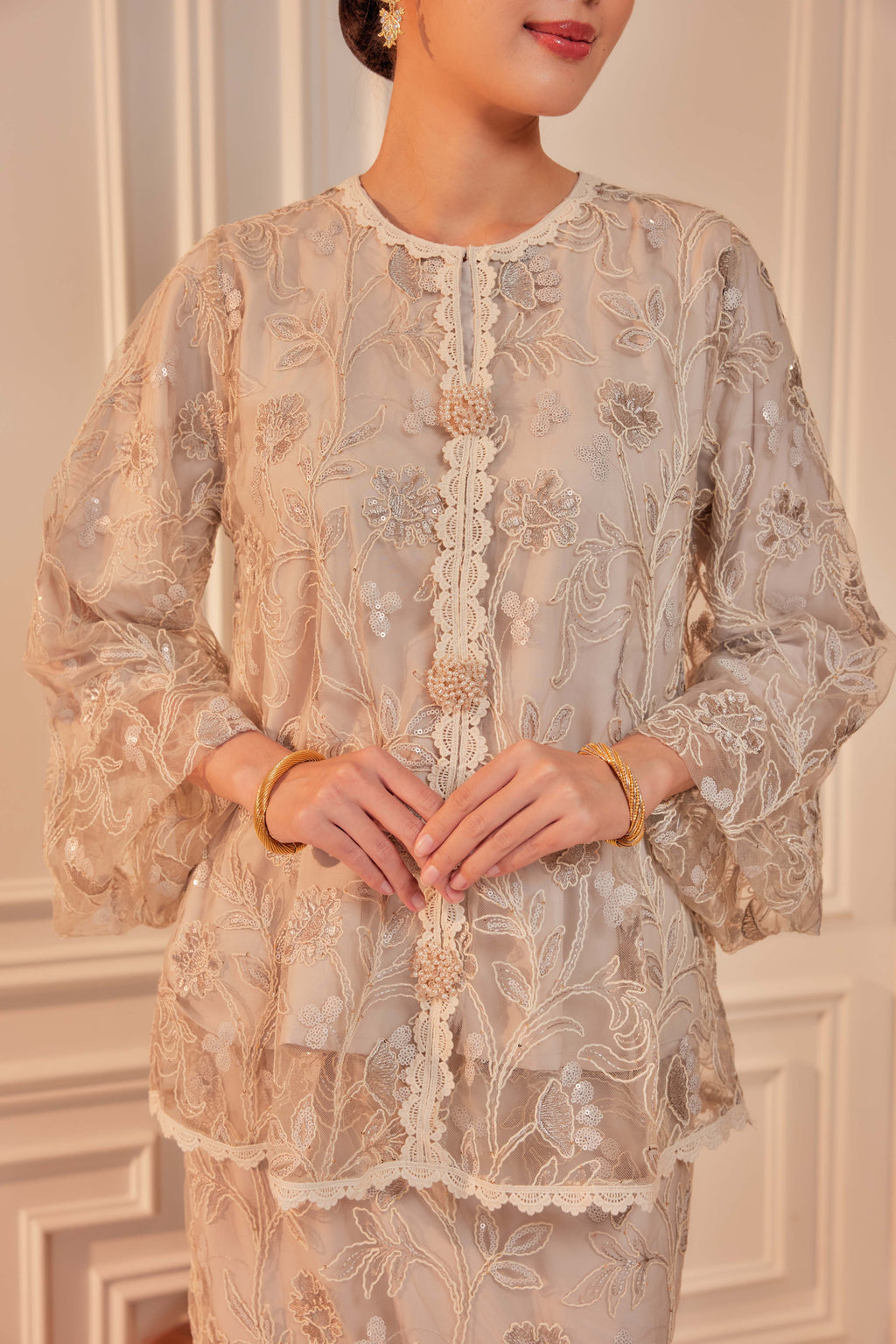 Silver Greige - Raia Embellished Kurung Lace Set (Full Lining)