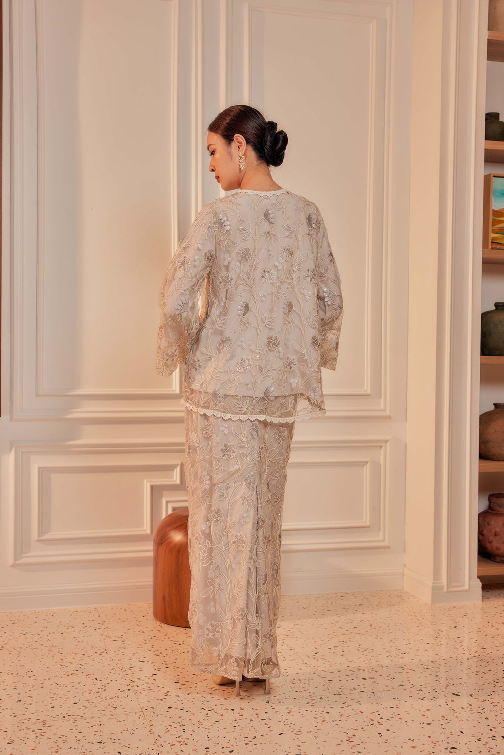 Silver Greige - Raia Embellished Kurung Lace Set (Full Lining)