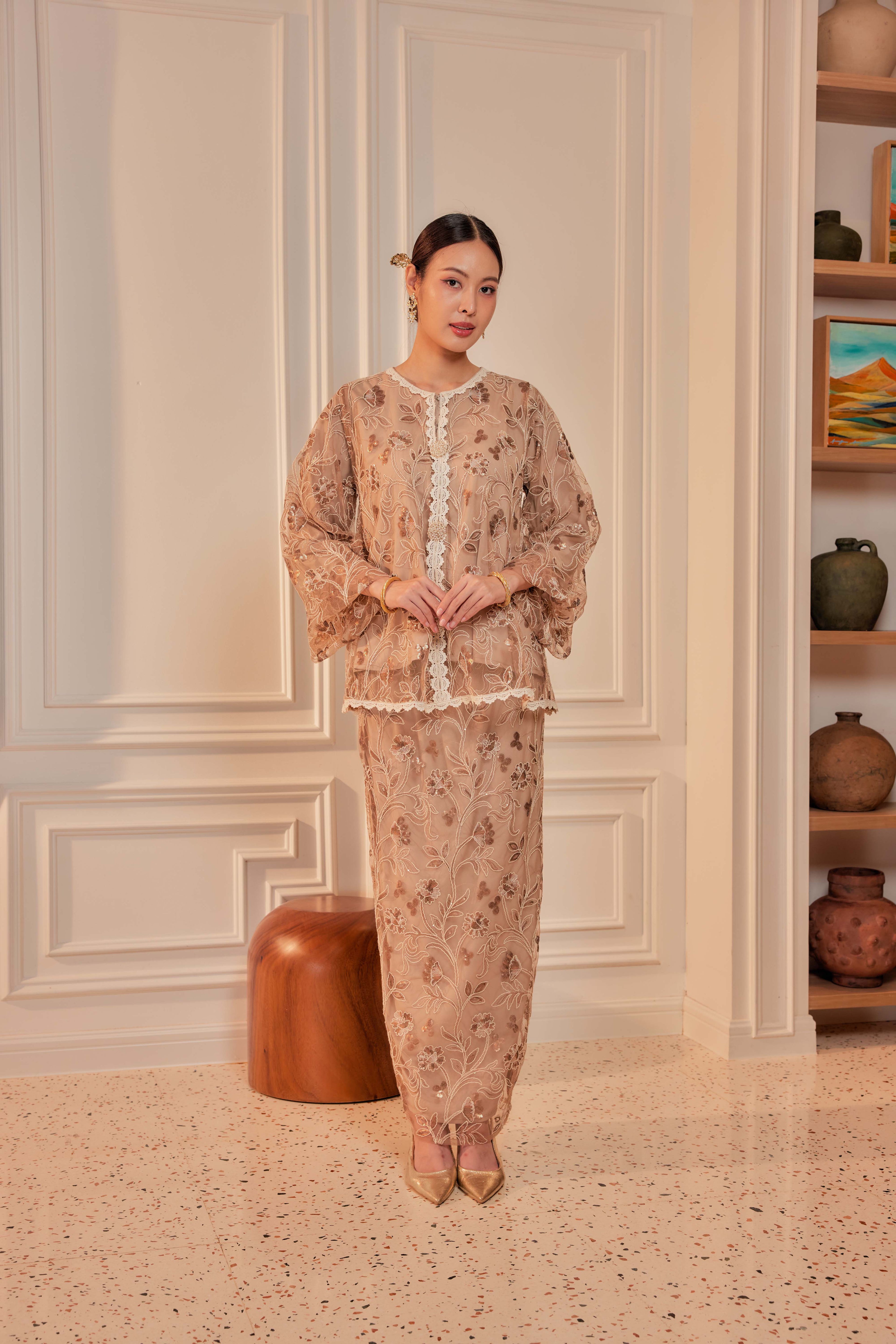 Rich Mocha - Raia Embellished Lace Kurung Set (Full Lining)