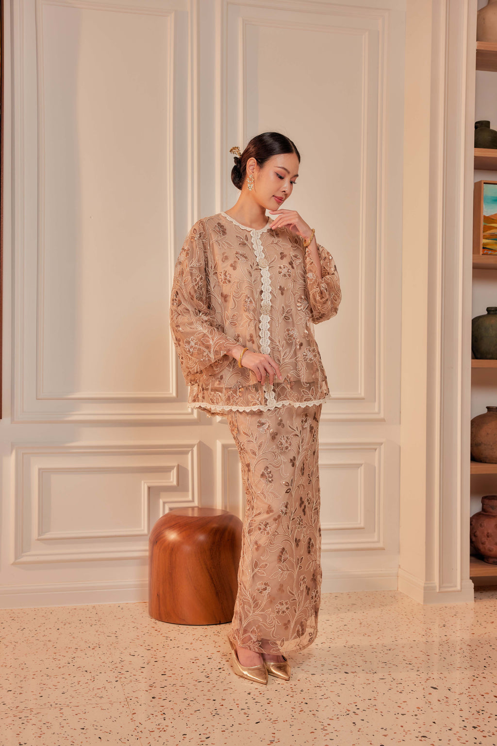 Rich Mocha - Raia Embellished Lace Kurung Set (Full Lining)