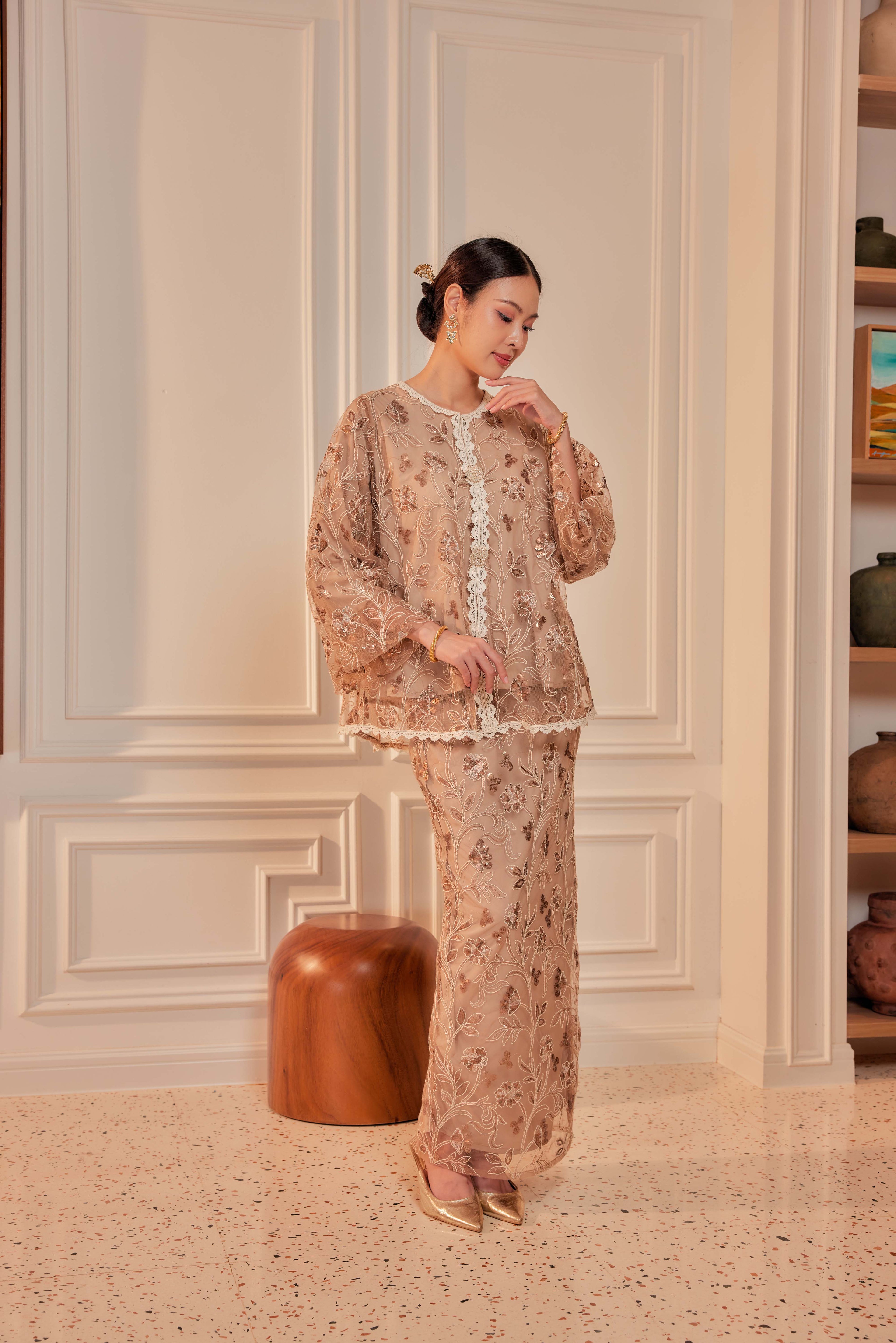 Rich Mocha - Raia Embellished Lace Kurung Set (Full Lining)