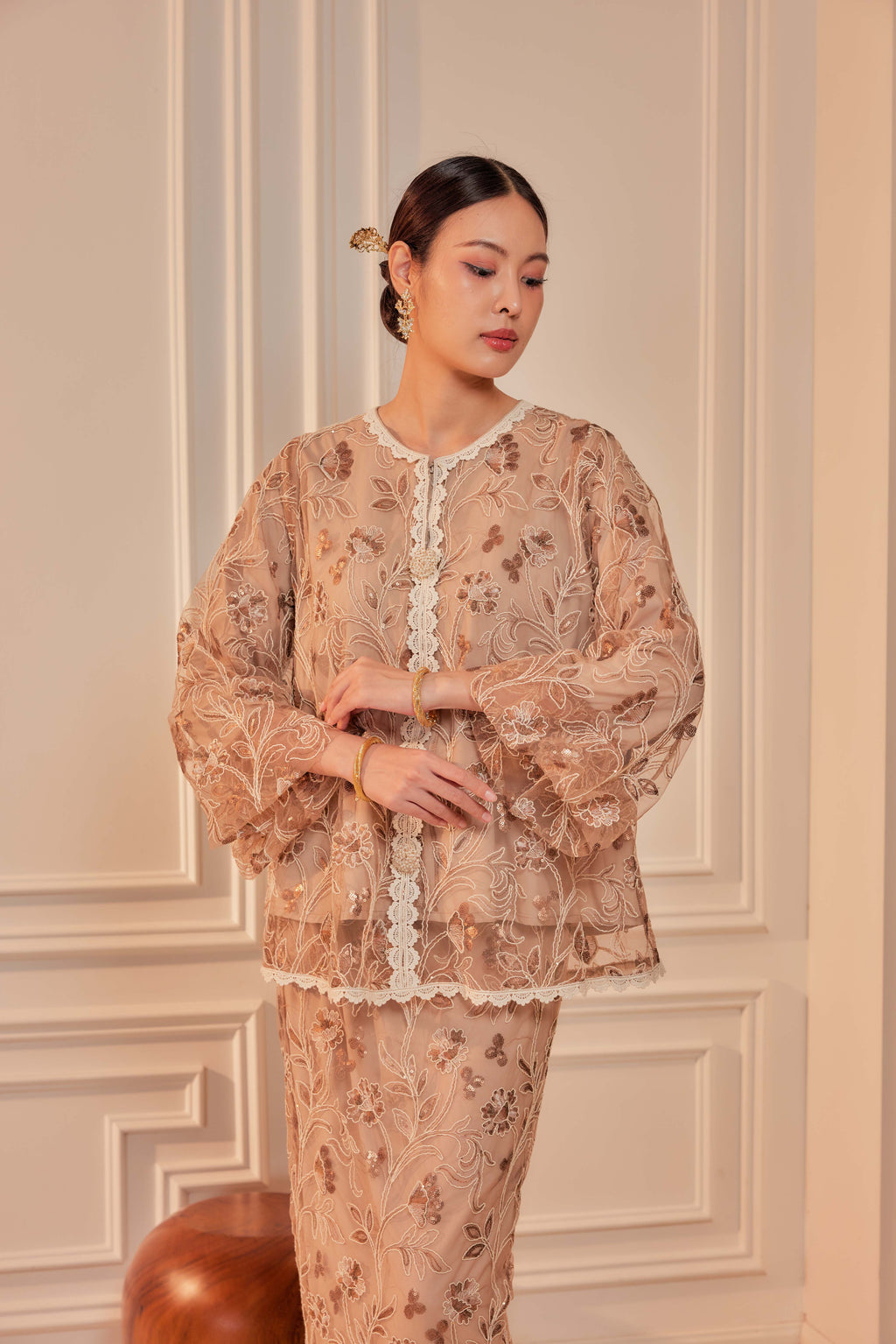 Rich Mocha - Raia Embellished Lace Kurung Set (Full Lining)