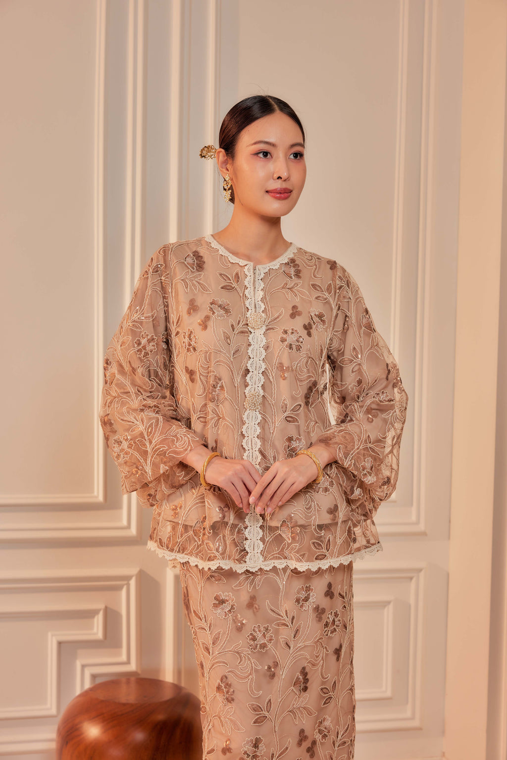 Rich Mocha - Raia Embellished Lace Kurung Set (Full Lining)