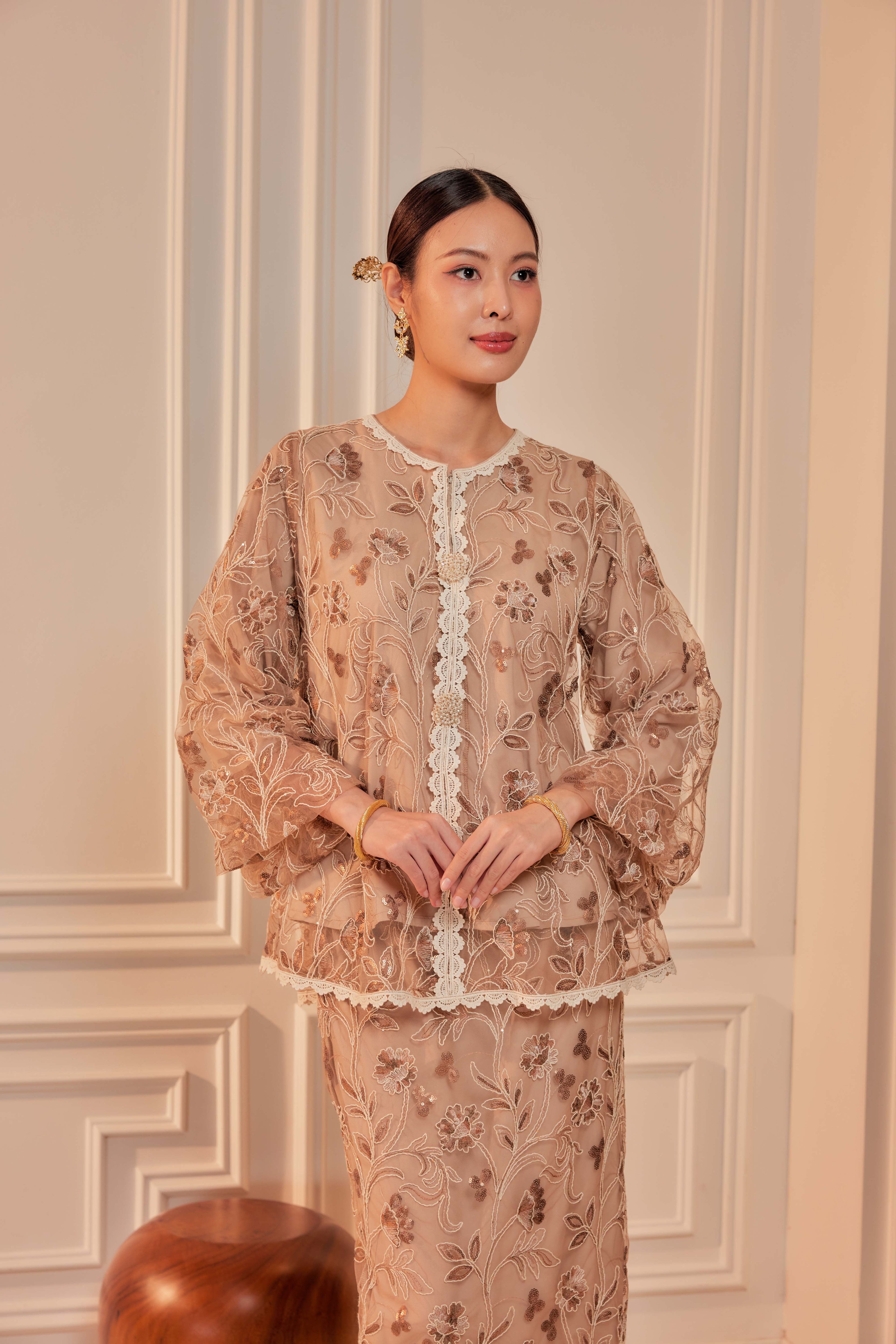 Rich Mocha - Raia Embellished Lace Kurung Set (Full Lining)