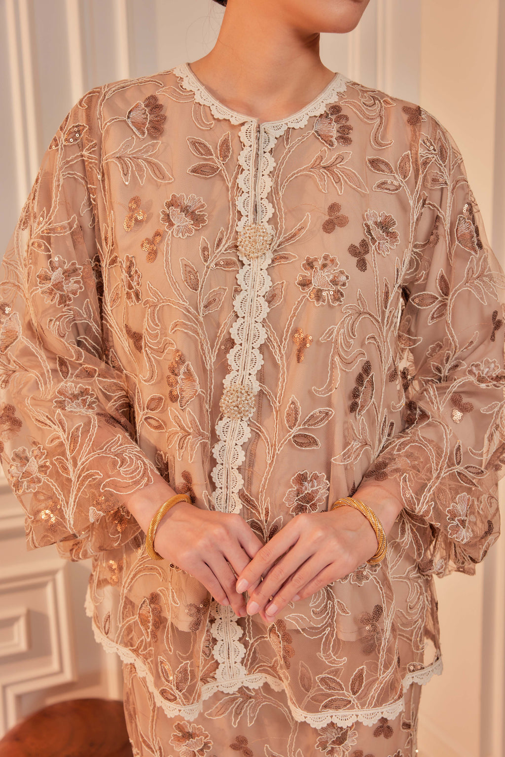 Rich Mocha - Raia Embellished Lace Kurung Set (Full Lining)