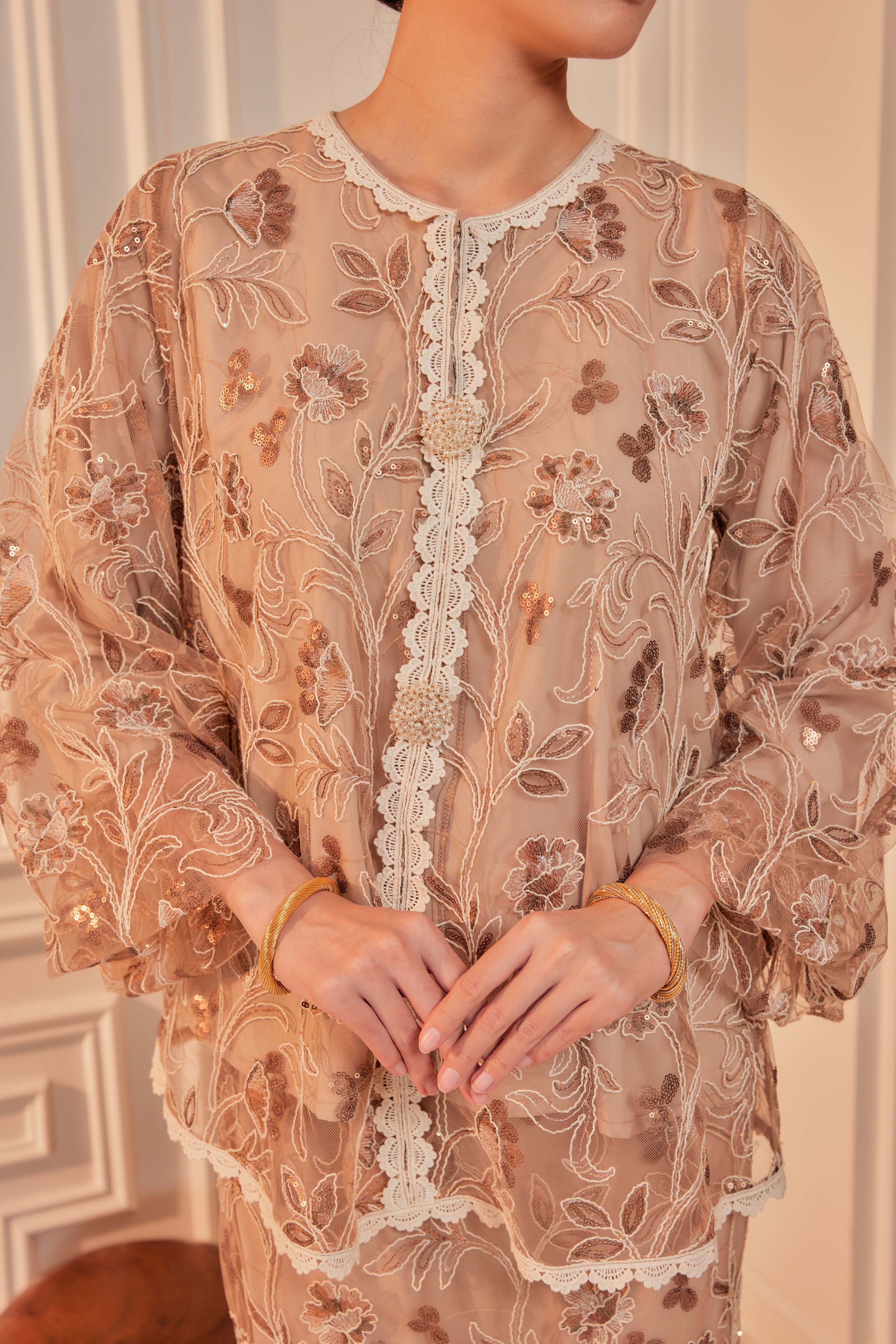Rich Mocha - Raia Embellished Lace Kurung Set (Full Lining)