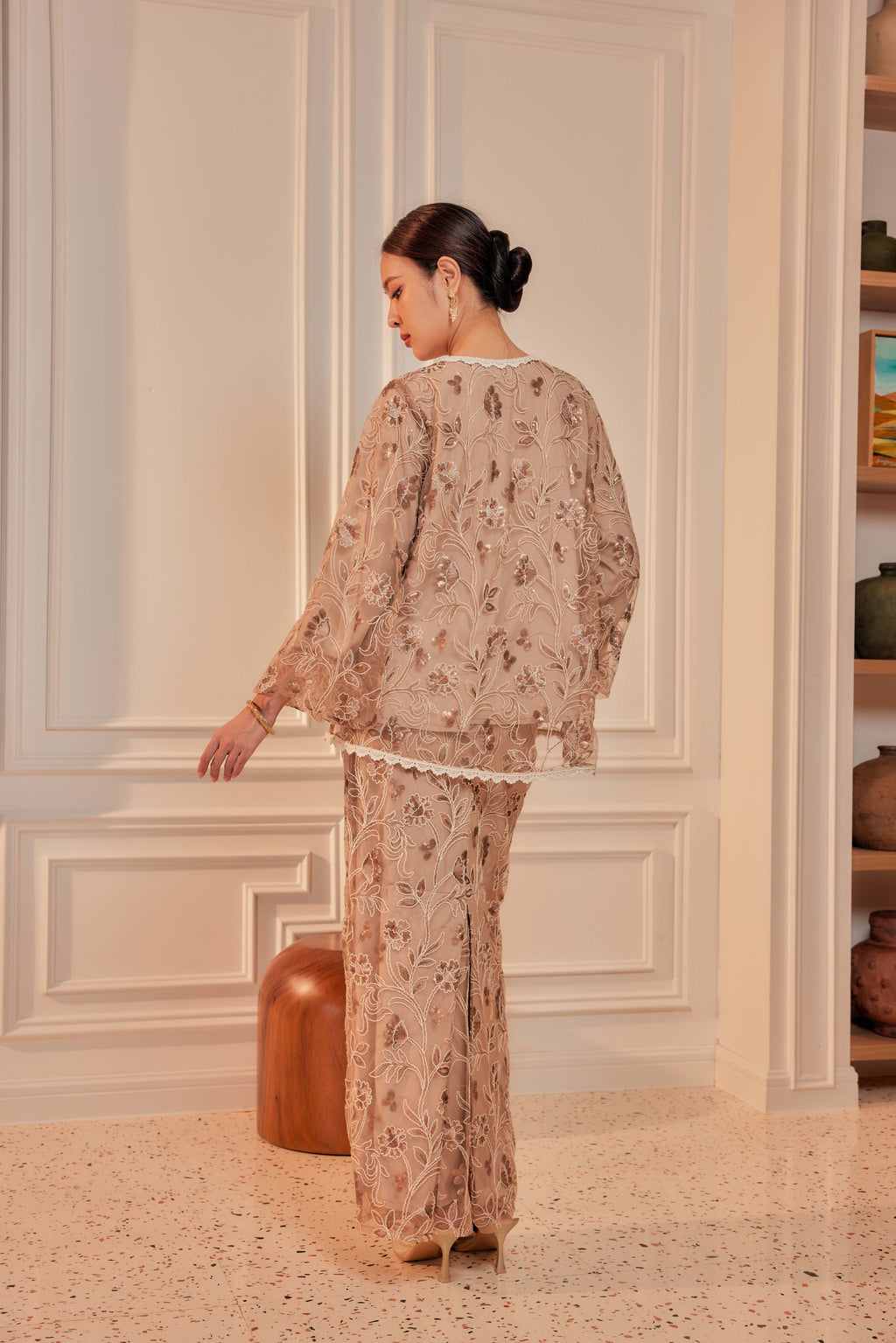 Rich Mocha - Raia Embellished Lace Kurung Set (Full Lining)