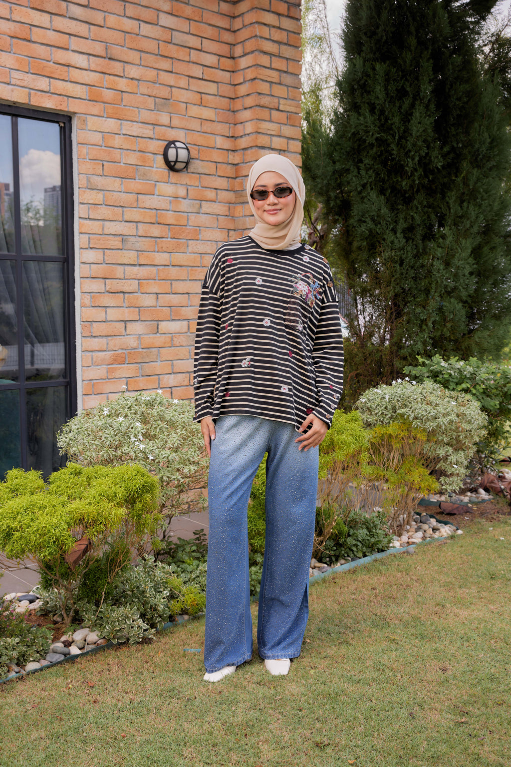 [PREORDER] Fleuriste Embroidered Cotton Tee with Signature Buttons — Black Ivory Stripes