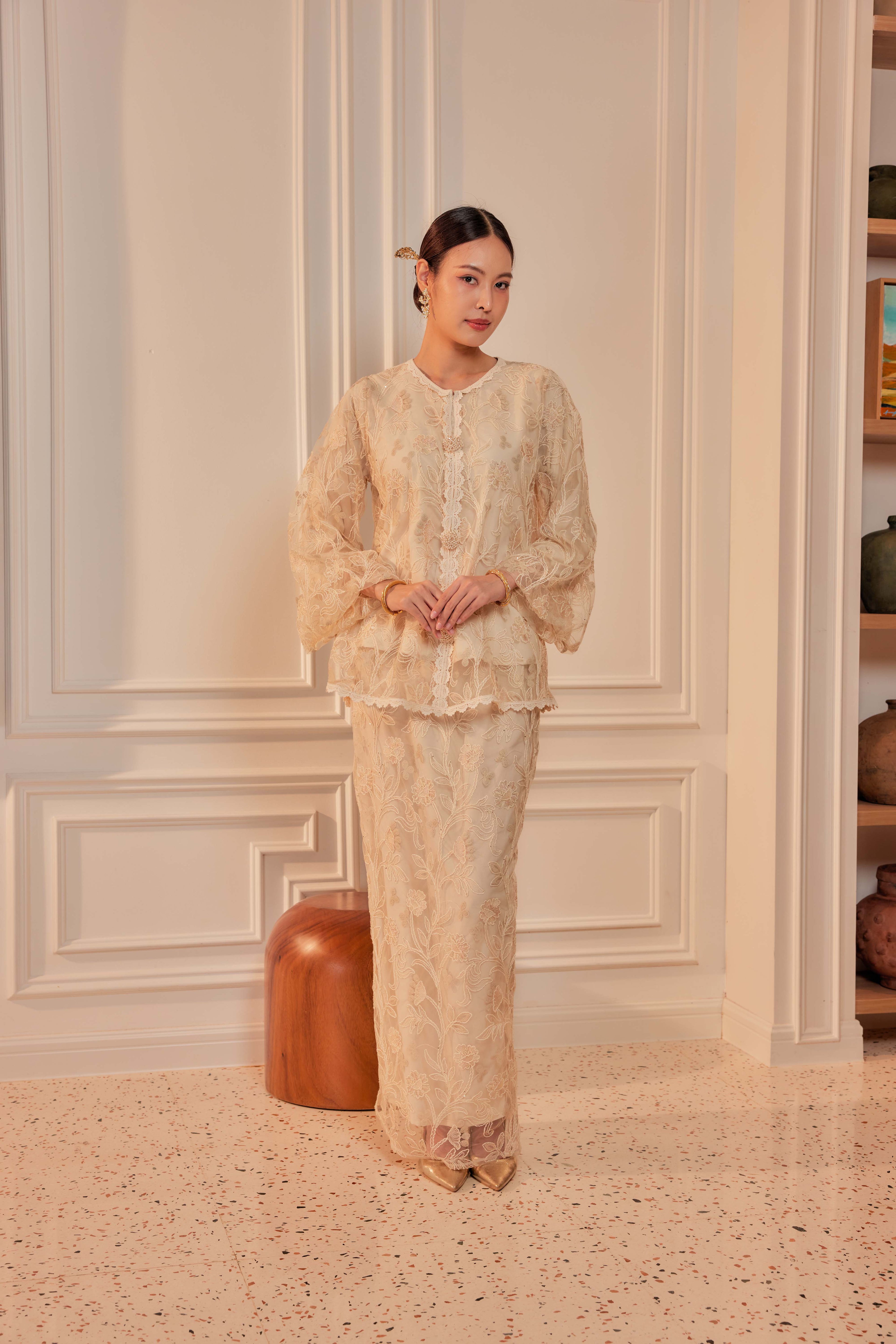 Vanilla Cream - Raia Embellished Lace Kurung Set (Full Lining)