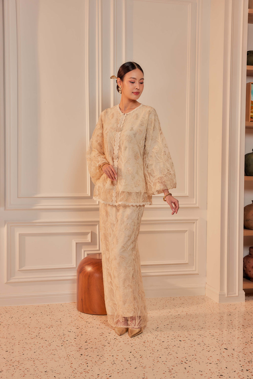 Vanilla Cream - Raia Embellished Lace Kurung Set (Full Lining)