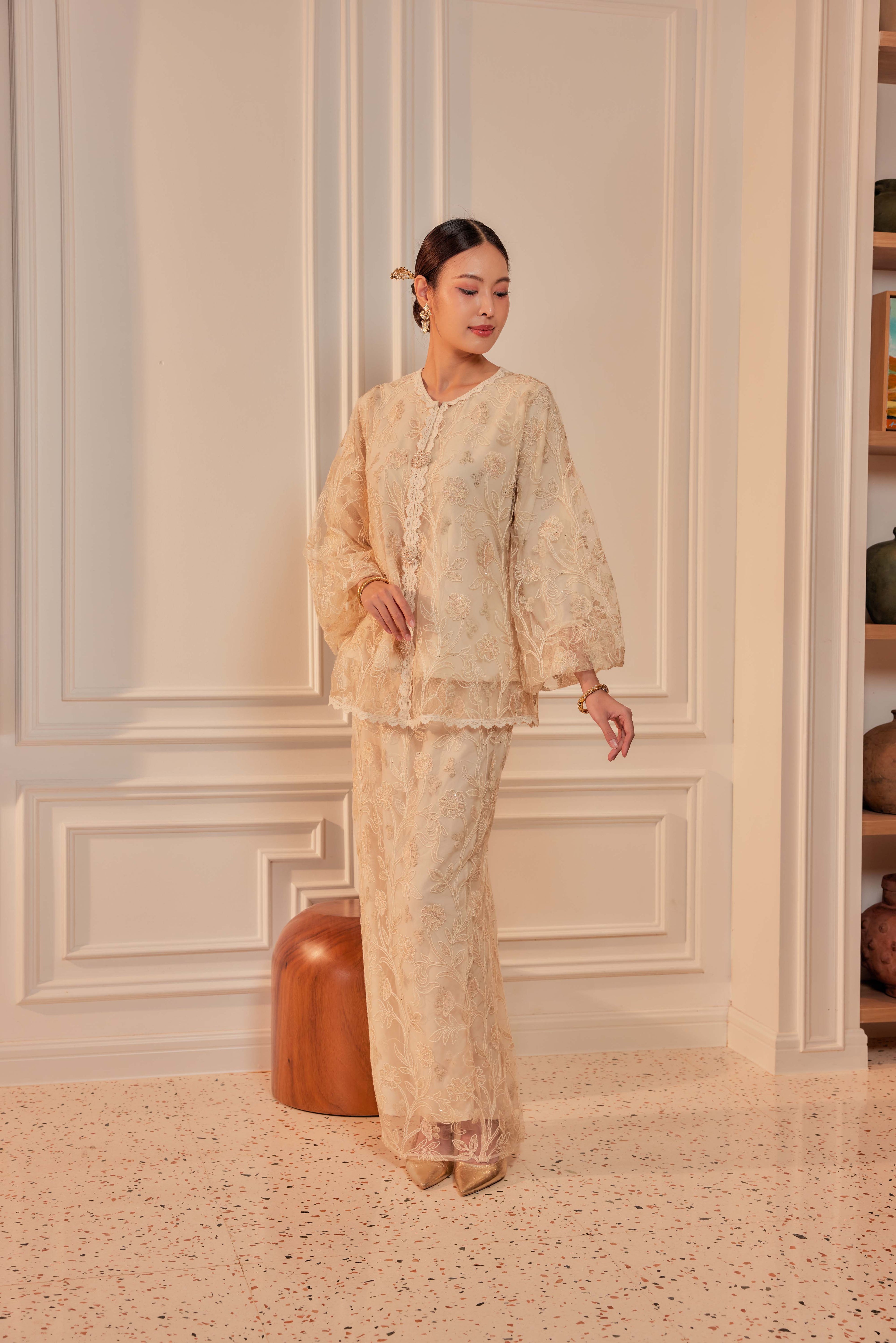 Vanilla Cream - Raia Embellished Lace Kurung Set (Full Lining)