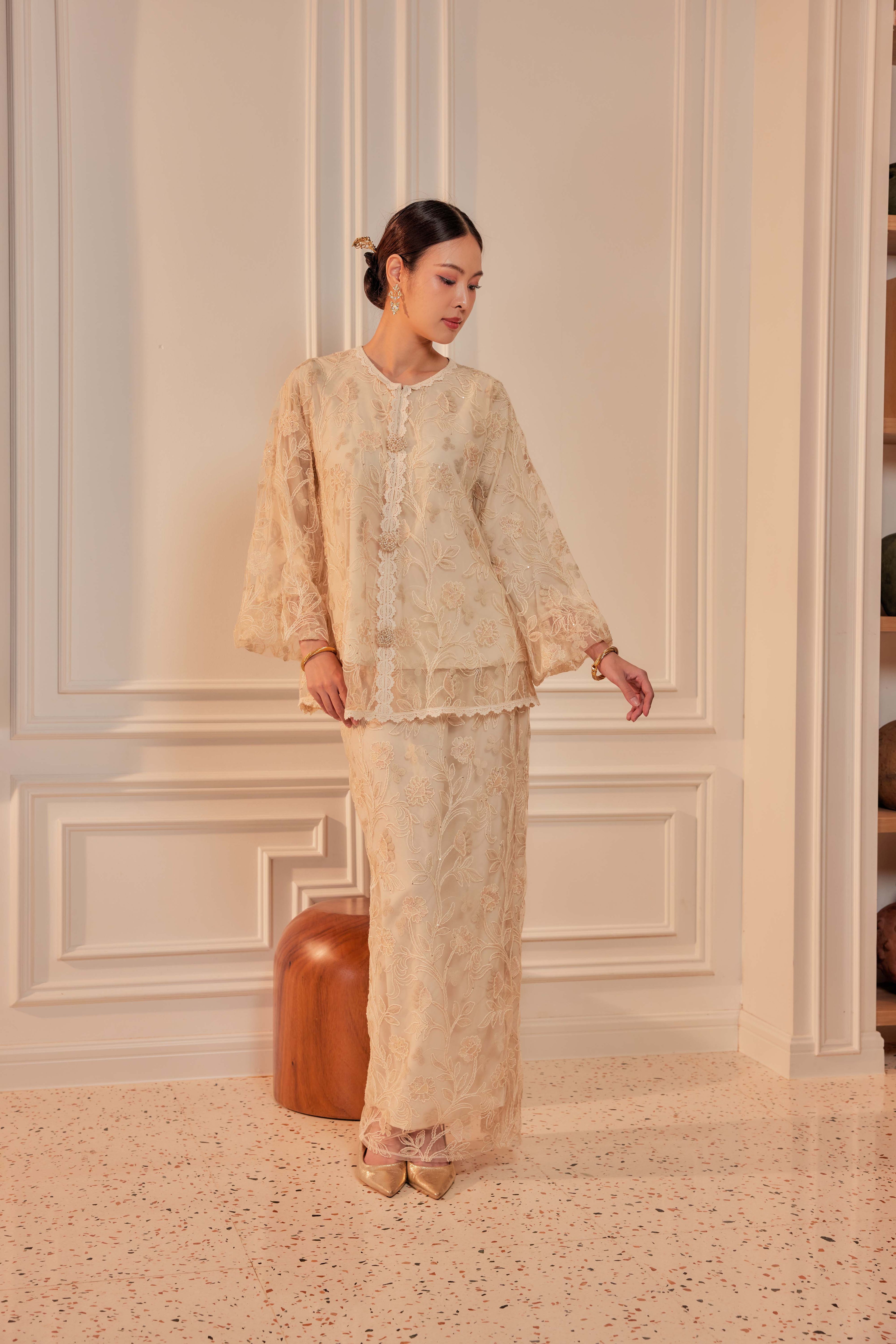 Vanilla Cream - Raia Embellished Lace Kurung Set (Full Lining)