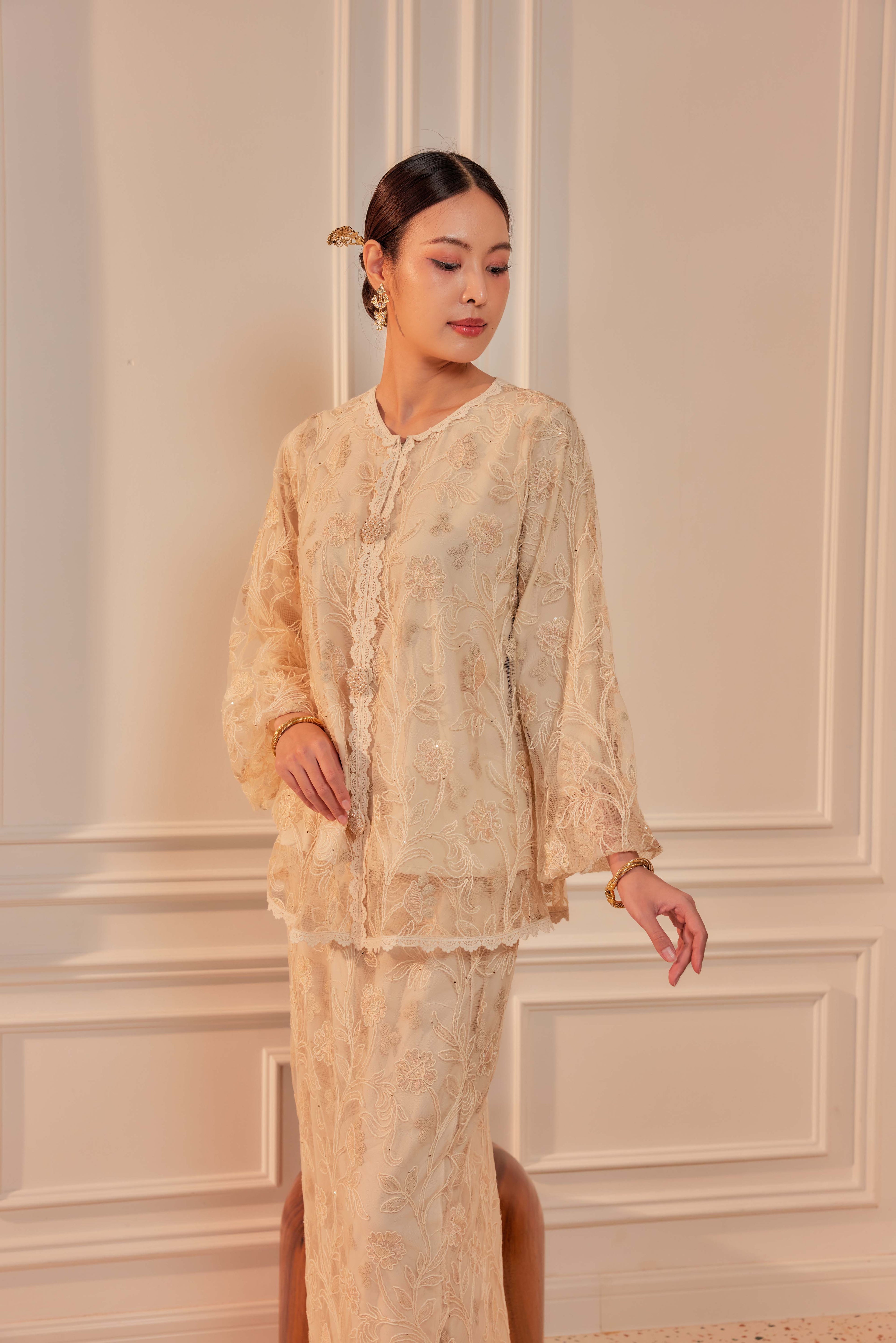 Vanilla Cream - Raia Embellished Lace Kurung Set (Full Lining)
