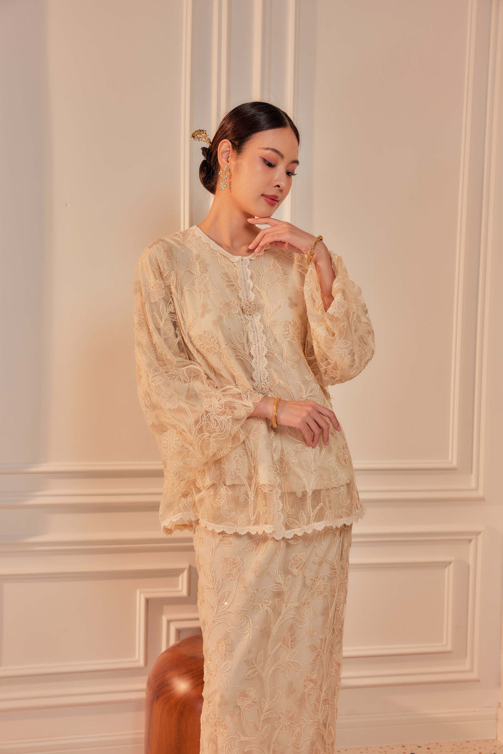 Vanilla Cream - Raia Embellished Lace Kurung Set (Full Lining)