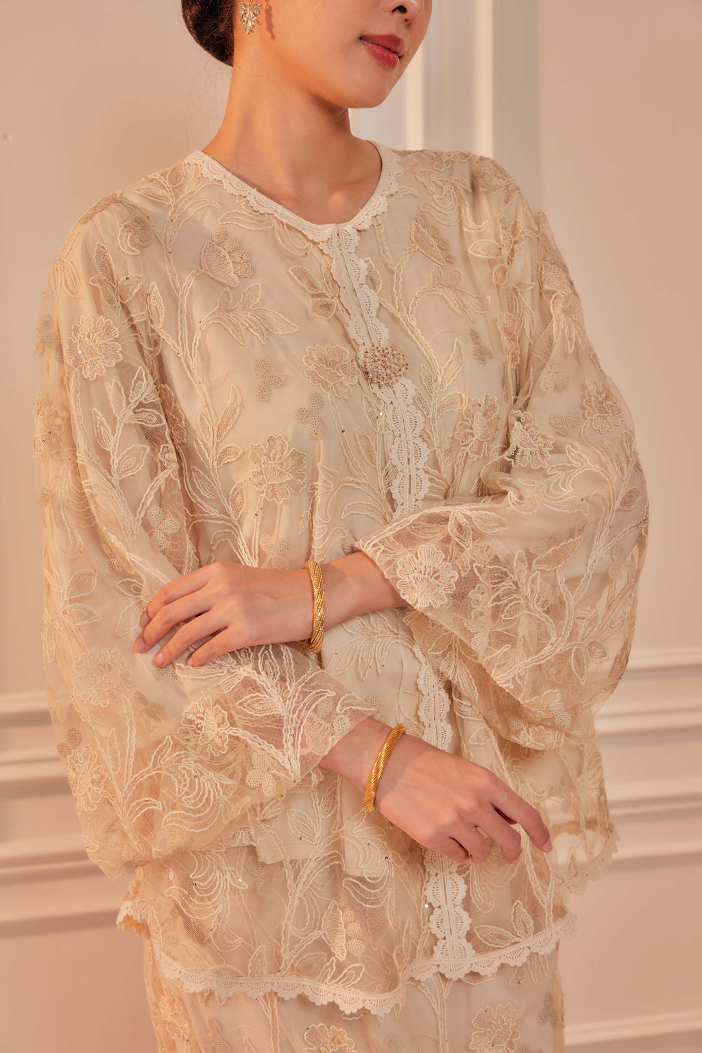 Vanilla Cream - Raia Embellished Lace Kurung Set (Full Lining)