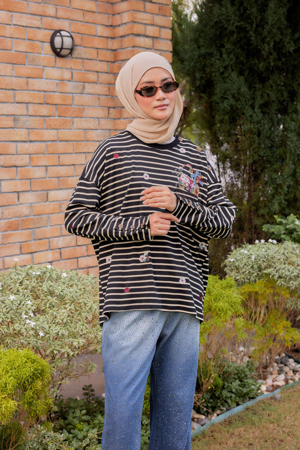 [PREORDER] Fleuriste Embroidered Cotton Tee with Signature Buttons — Black Ivory Stripes