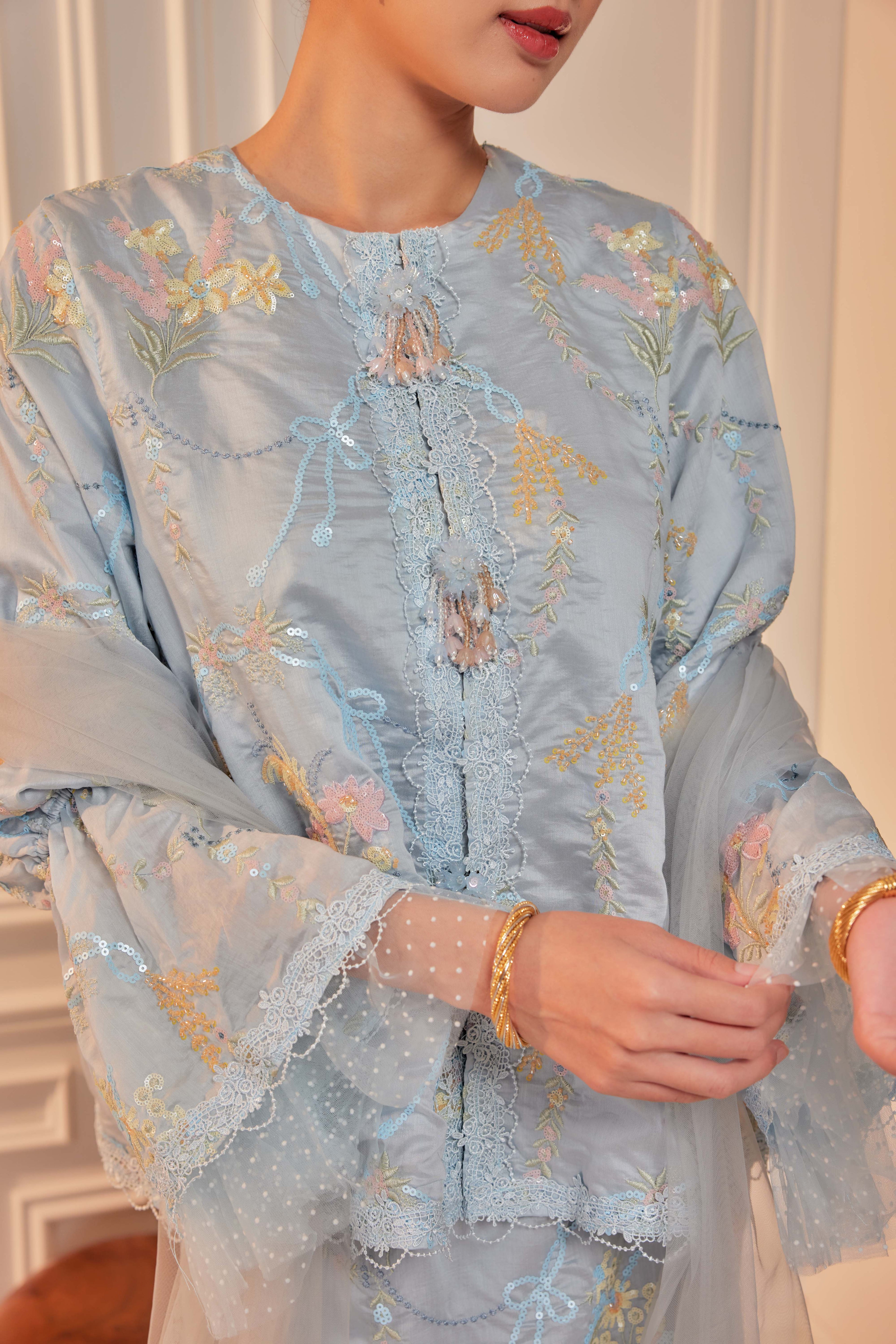 Bayu - Marni Beaded Embellished Kurung with Set of 3 Brooch (Fully Lined)