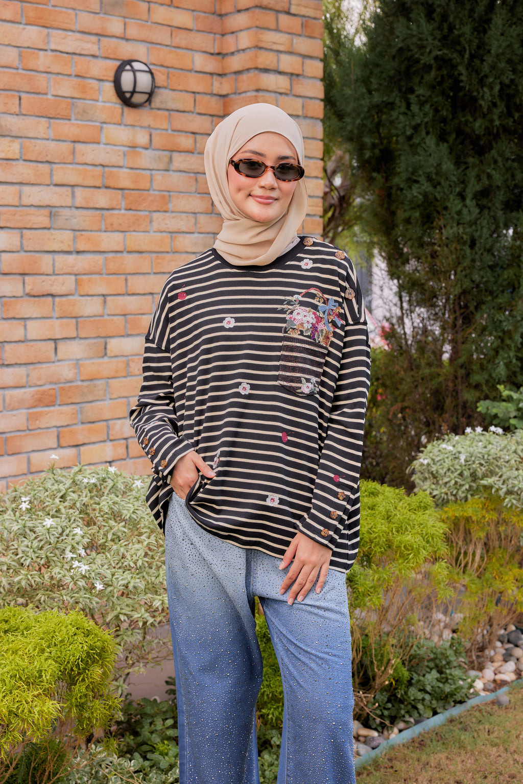 [PREORDER] Fleuriste Embroidered Cotton Tee with Signature Buttons — Black Ivory Stripes