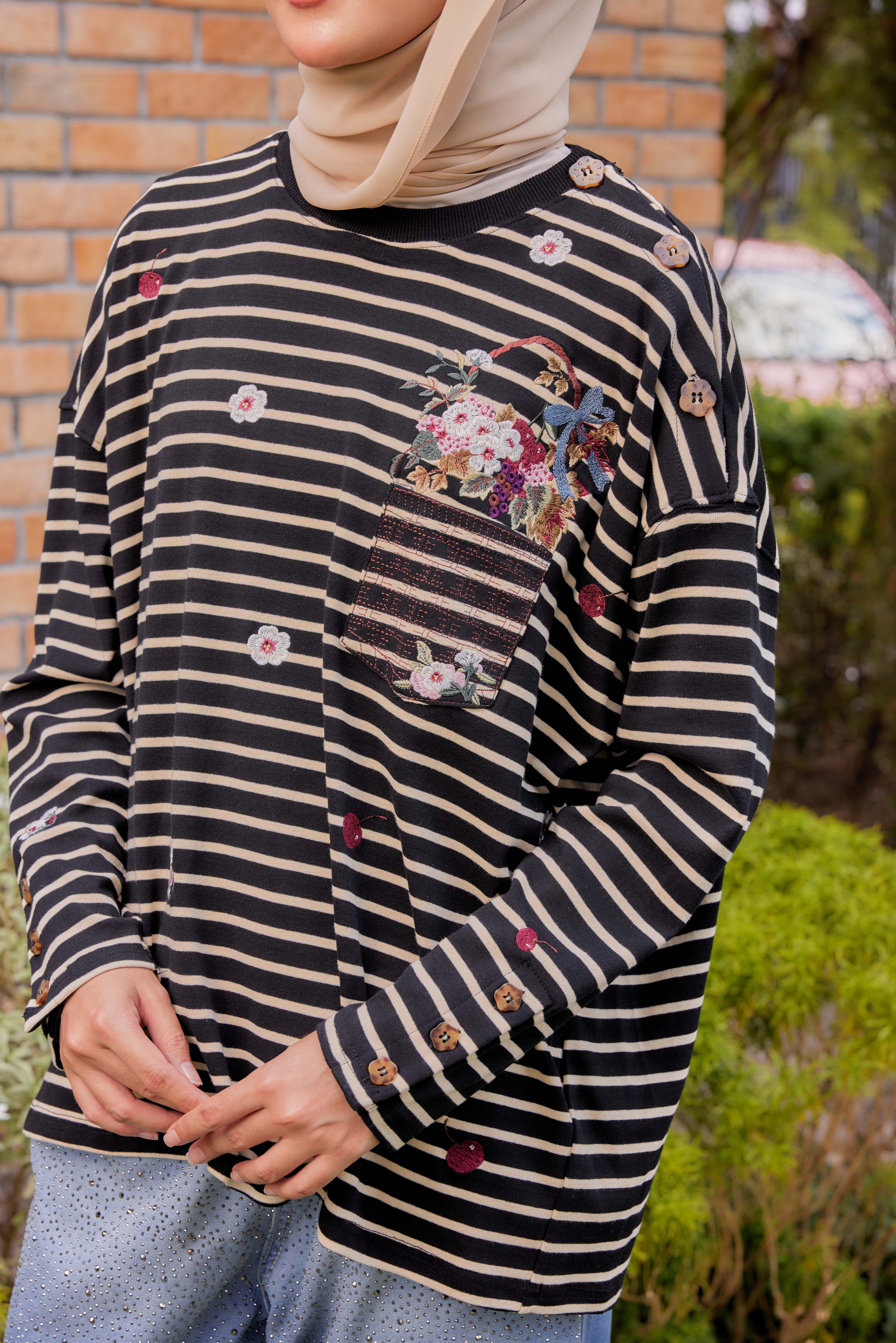 [PREORDER] Fleuriste Embroidered Cotton Tee with Signature Buttons — Black Ivory Stripes