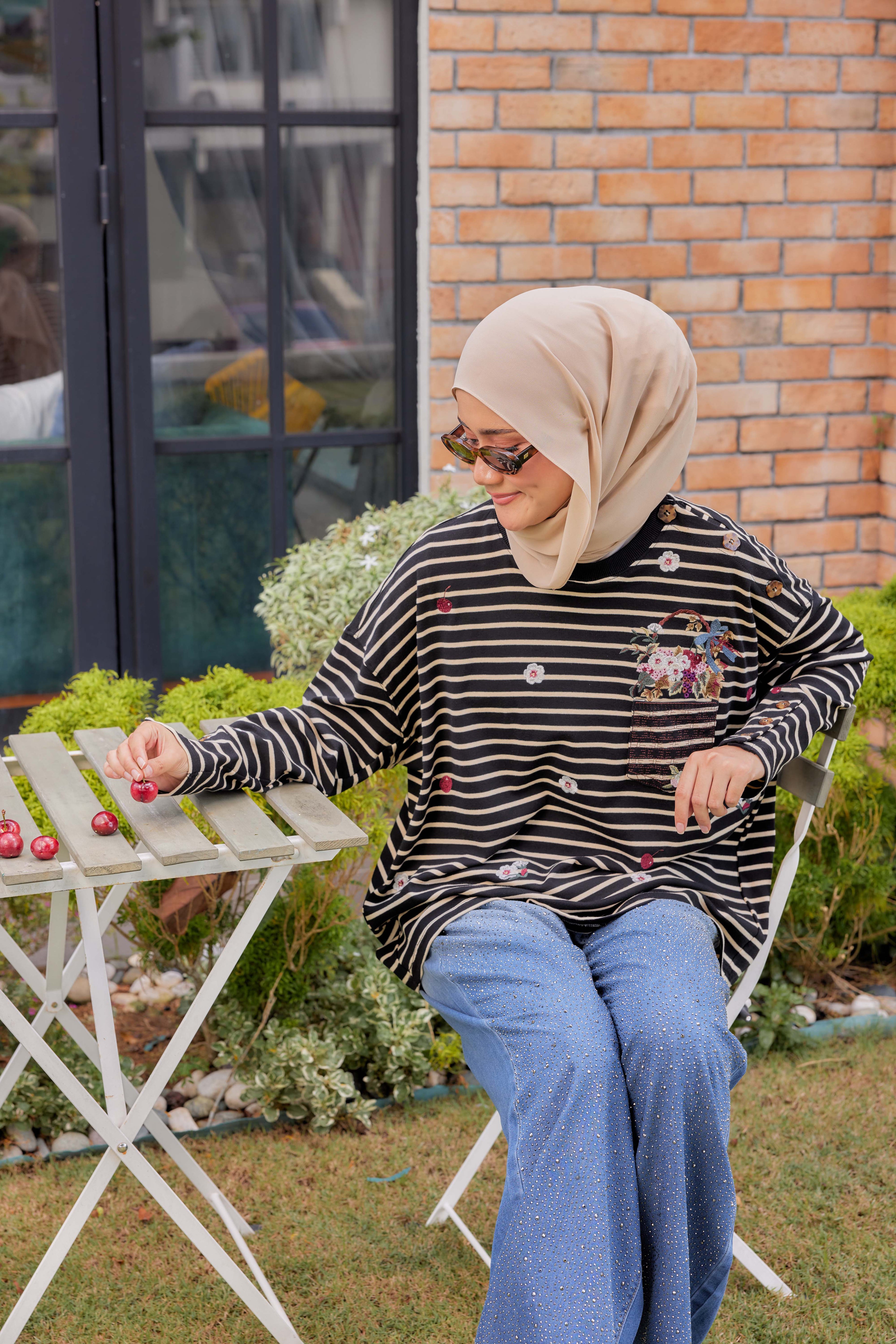 [PREORDER] Fleuriste Embroidered Cotton Tee with Signature Buttons — Black Ivory Stripes