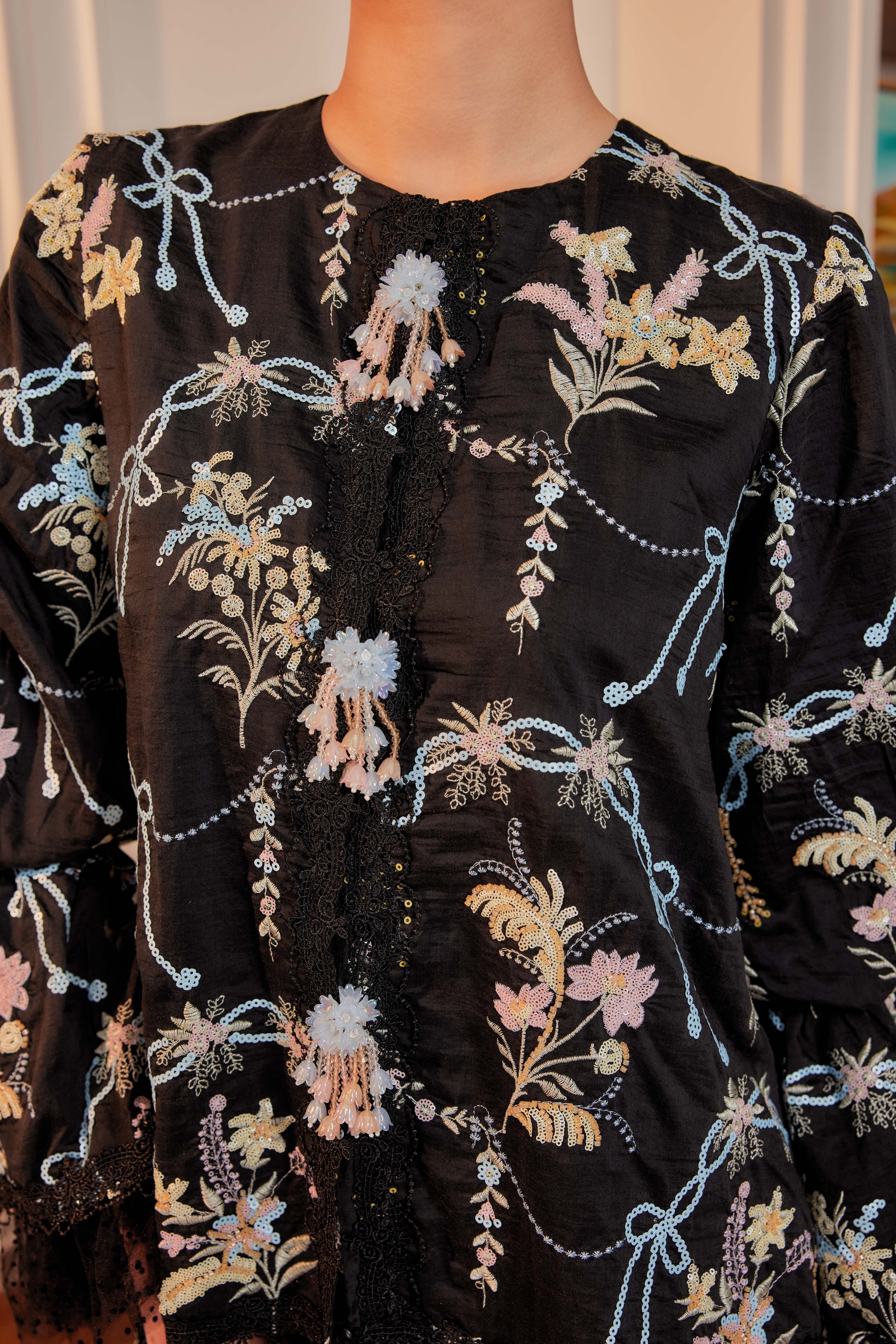 Hitam Manis - Marni Beaded Embellished Kurung with Set of 3 Brooch (Fully Lined)