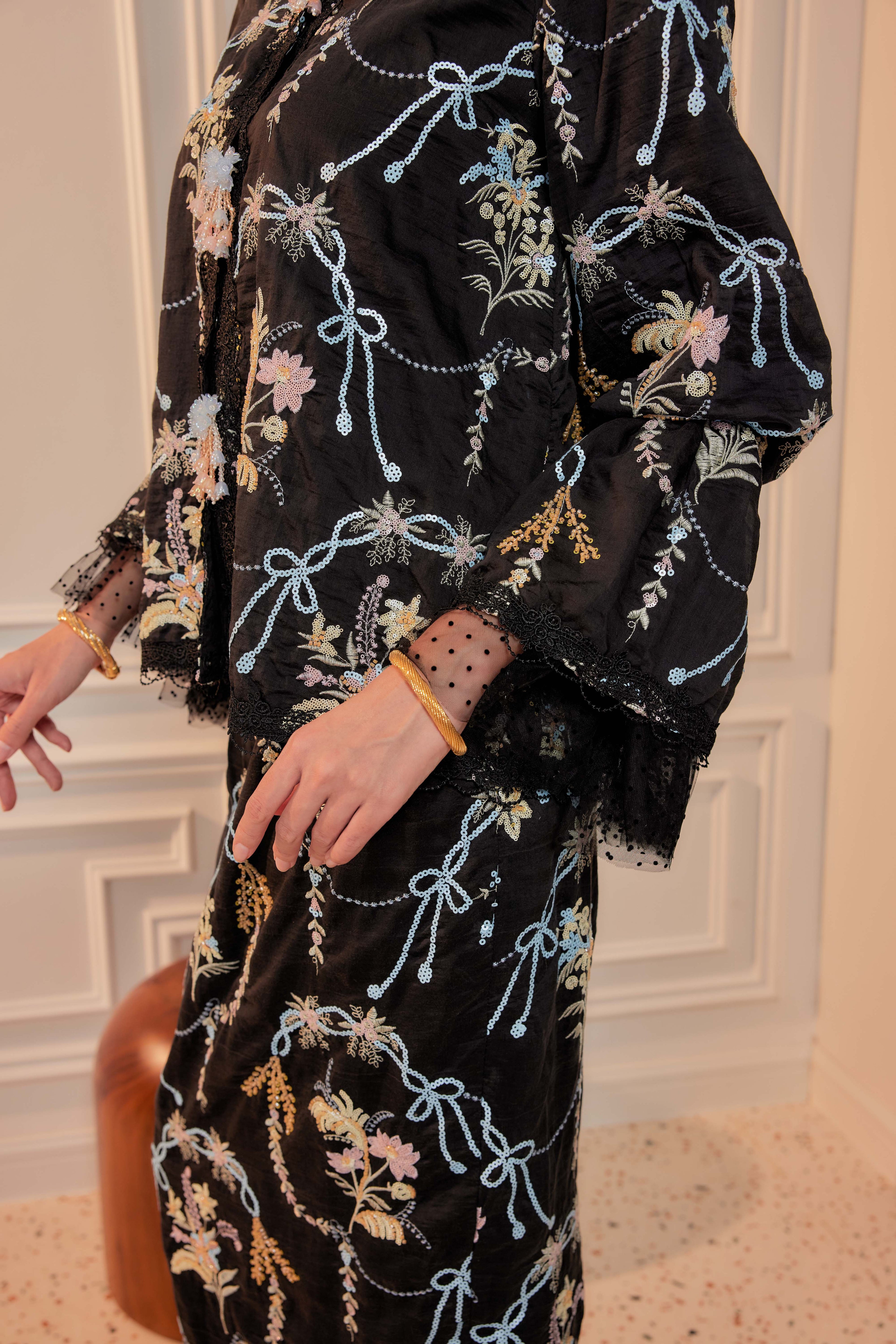 Hitam Manis - Marni Beaded Embellished Kurung with Set of 3 Brooch (Fully Lined)