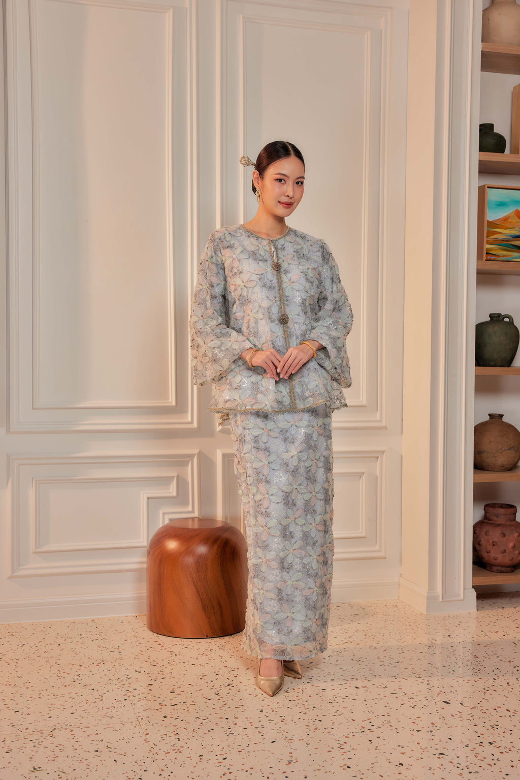 Ash Blue - Raia Embellished Lace Kurung (Full Lining)