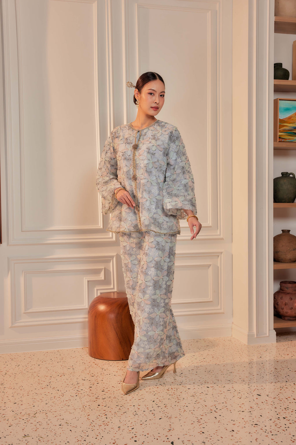 Ash Blue - Raia Embellished Lace Kurung (Full Lining)