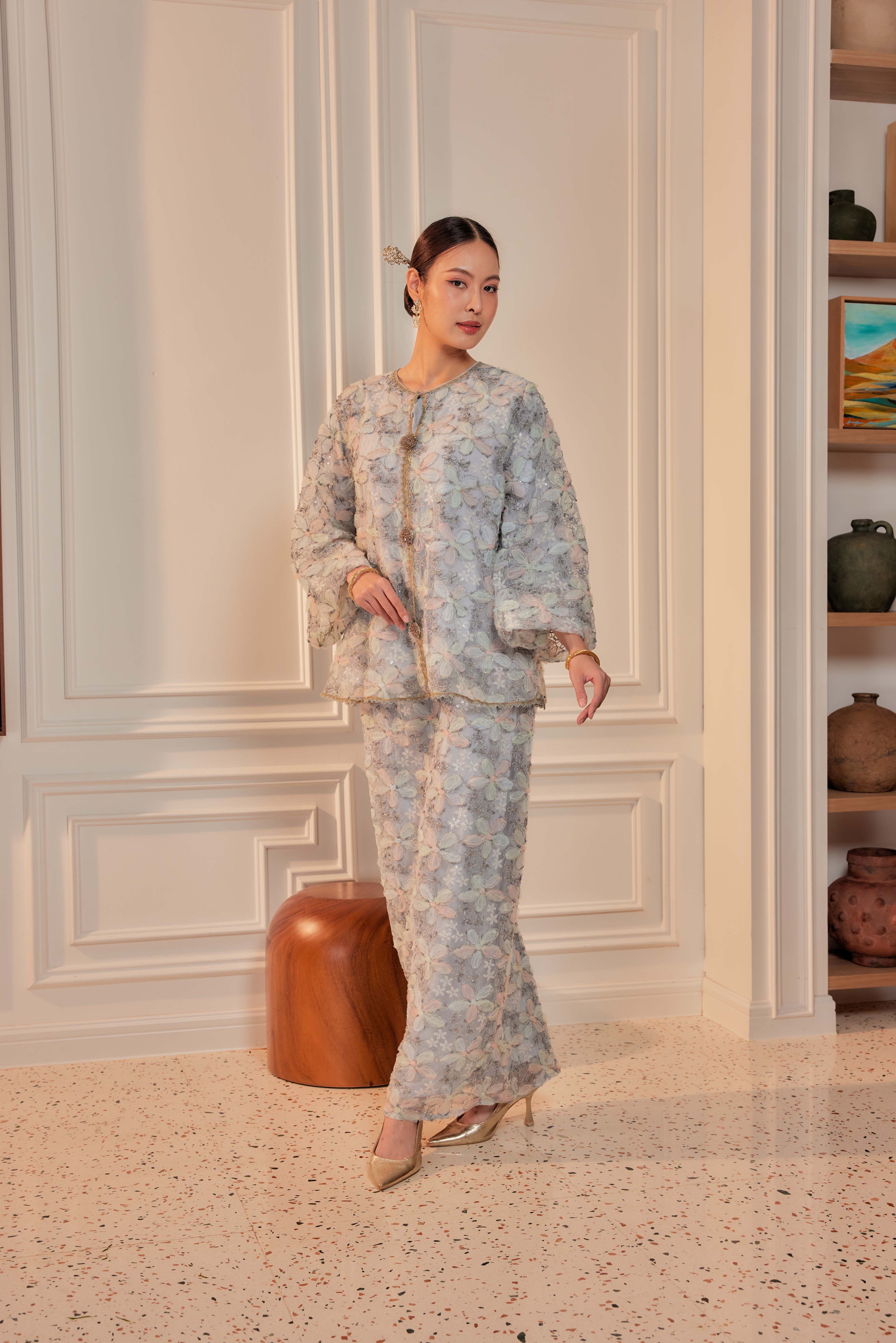 Ash Blue - Raia Embellished Lace Kurung (Full Lining)