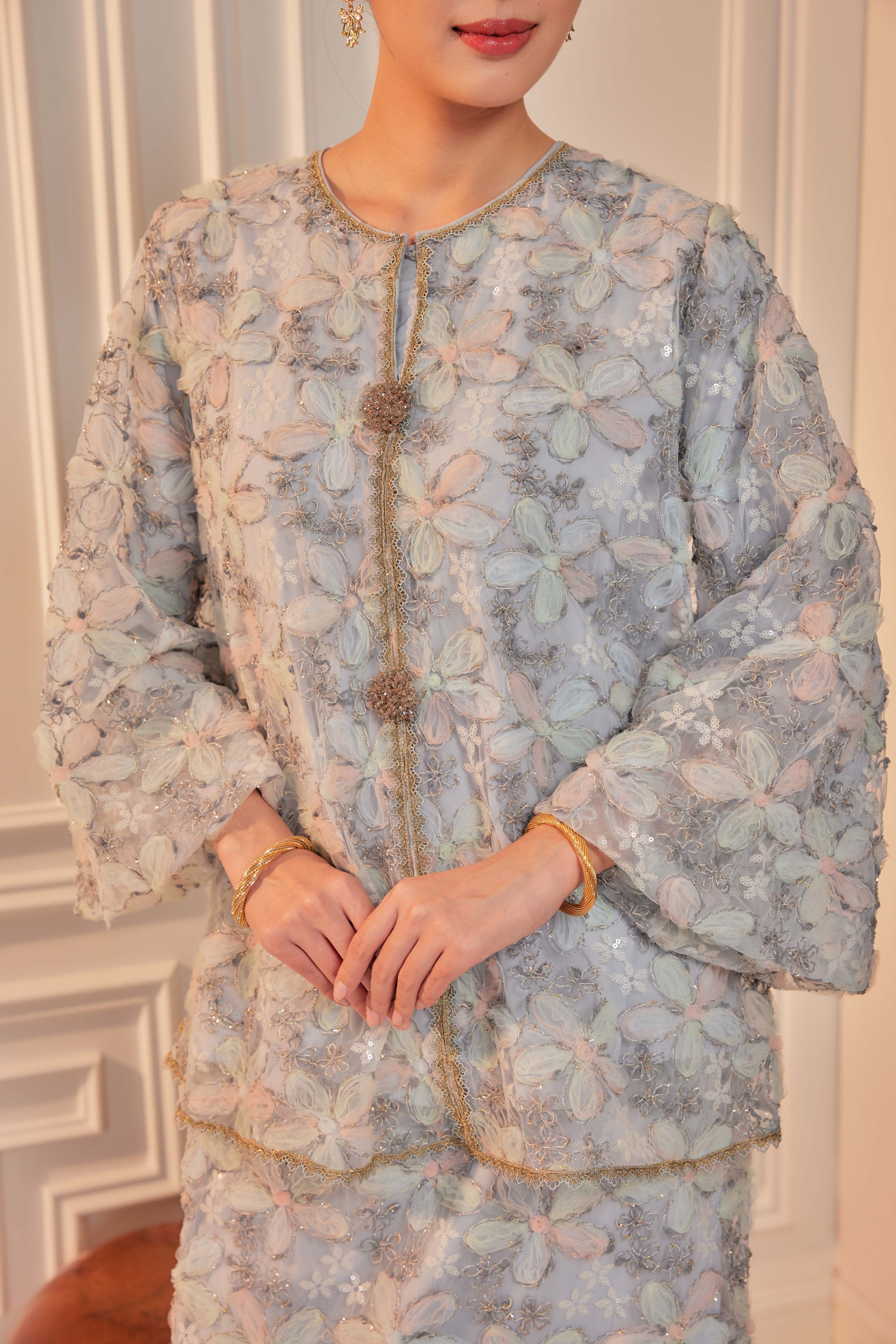 Ash Blue - Raia Embellished Lace Kurung (Full Lining)