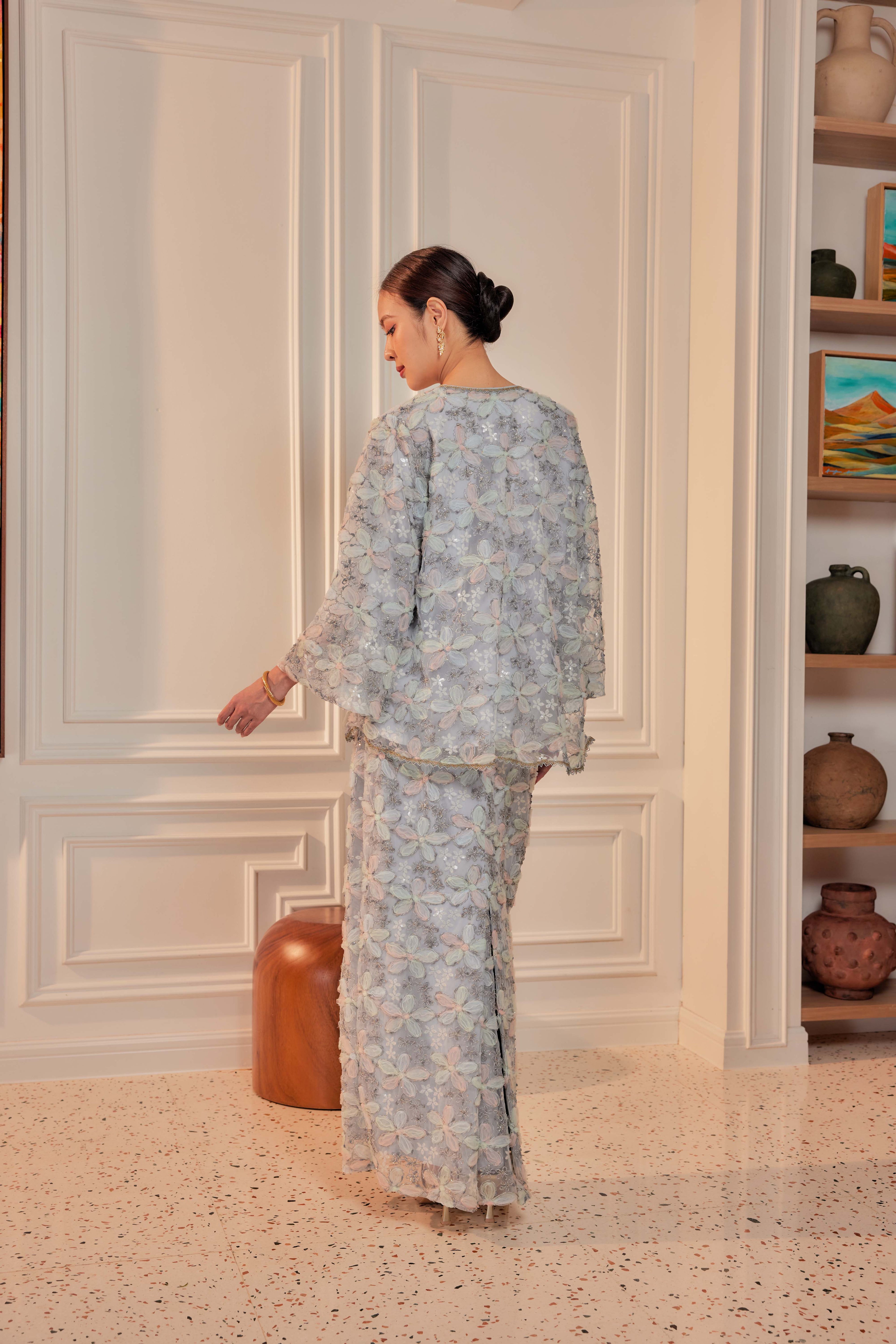 Ash Blue - Raia Embellished Lace Kurung (Full Lining)