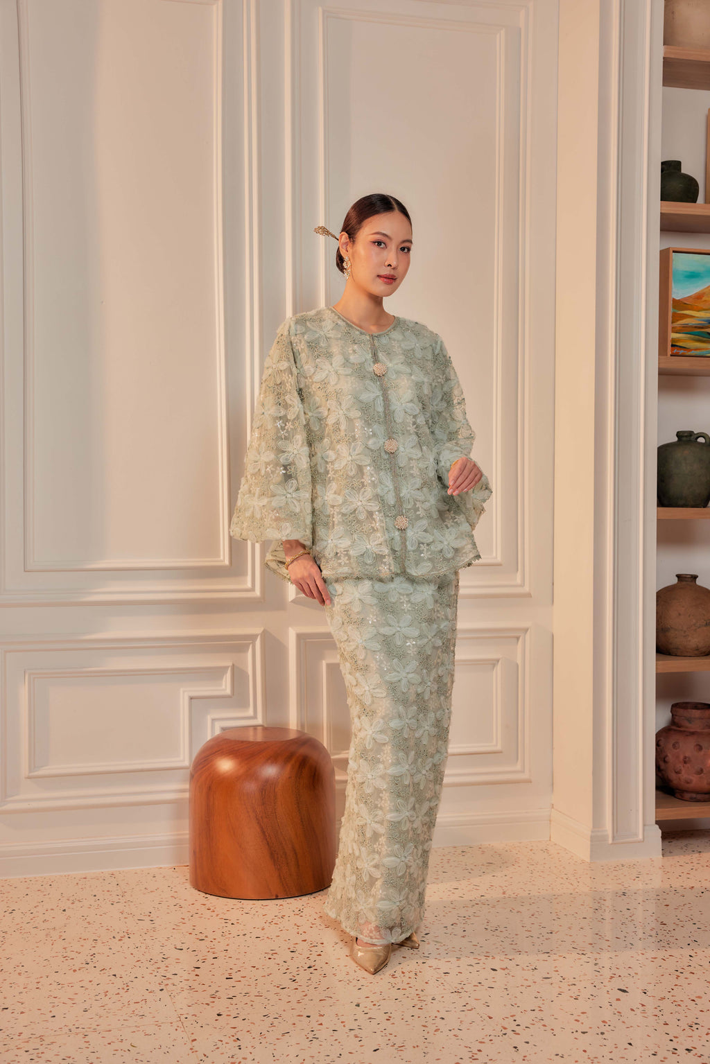 Sage Pandan - Raia Embellished Lace Kurung (Full Lining)