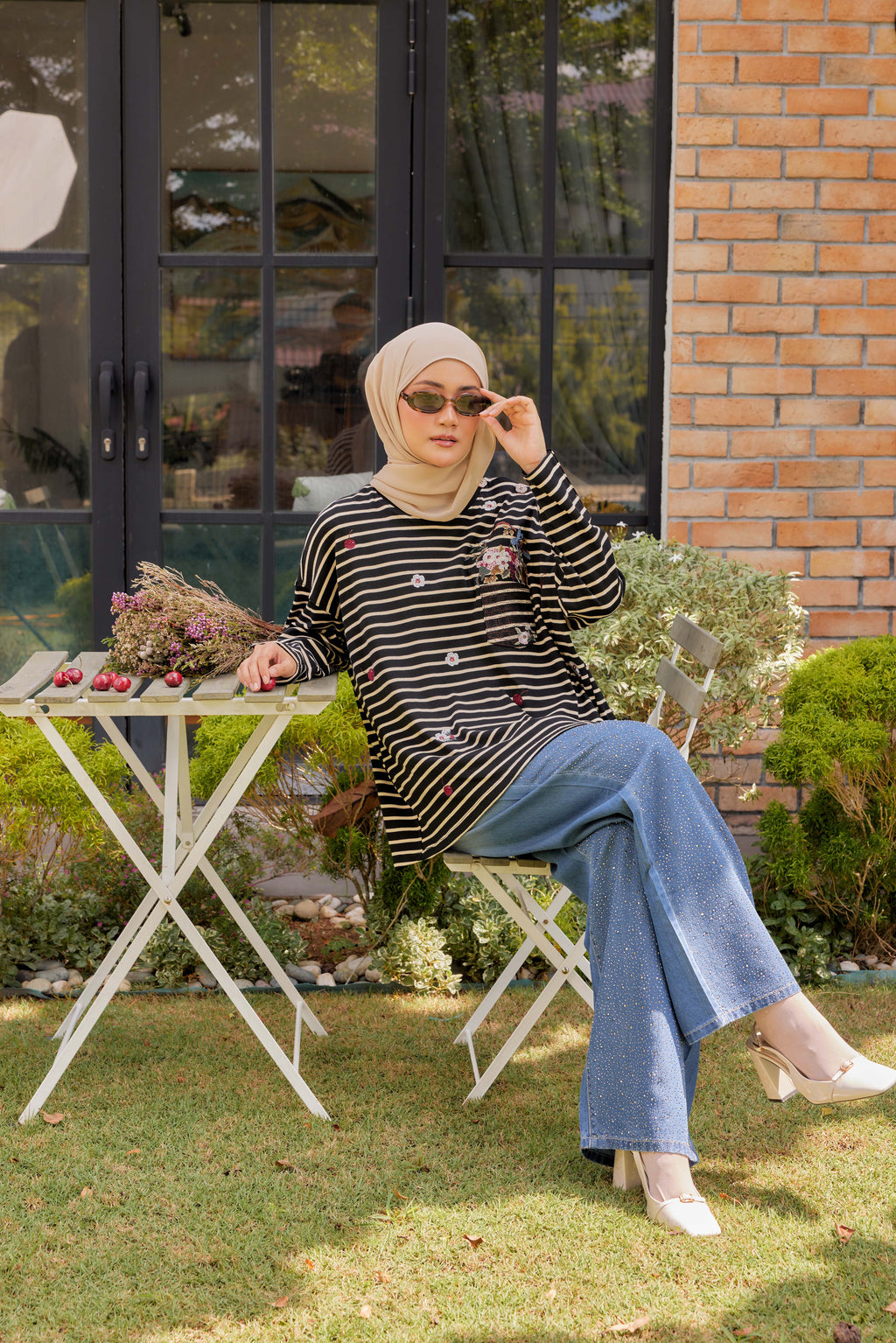 [PREORDER] Fleuriste Embroidered Cotton Tee with Signature Buttons — Black Ivory Stripes