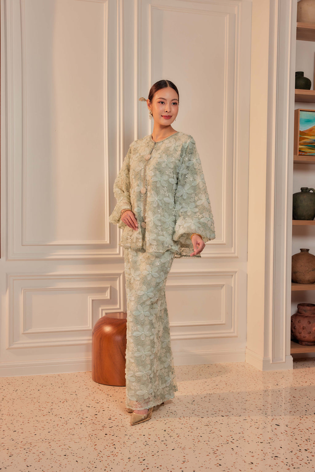 Sage Pandan - Raia Embellished Lace Kurung (Full Lining)